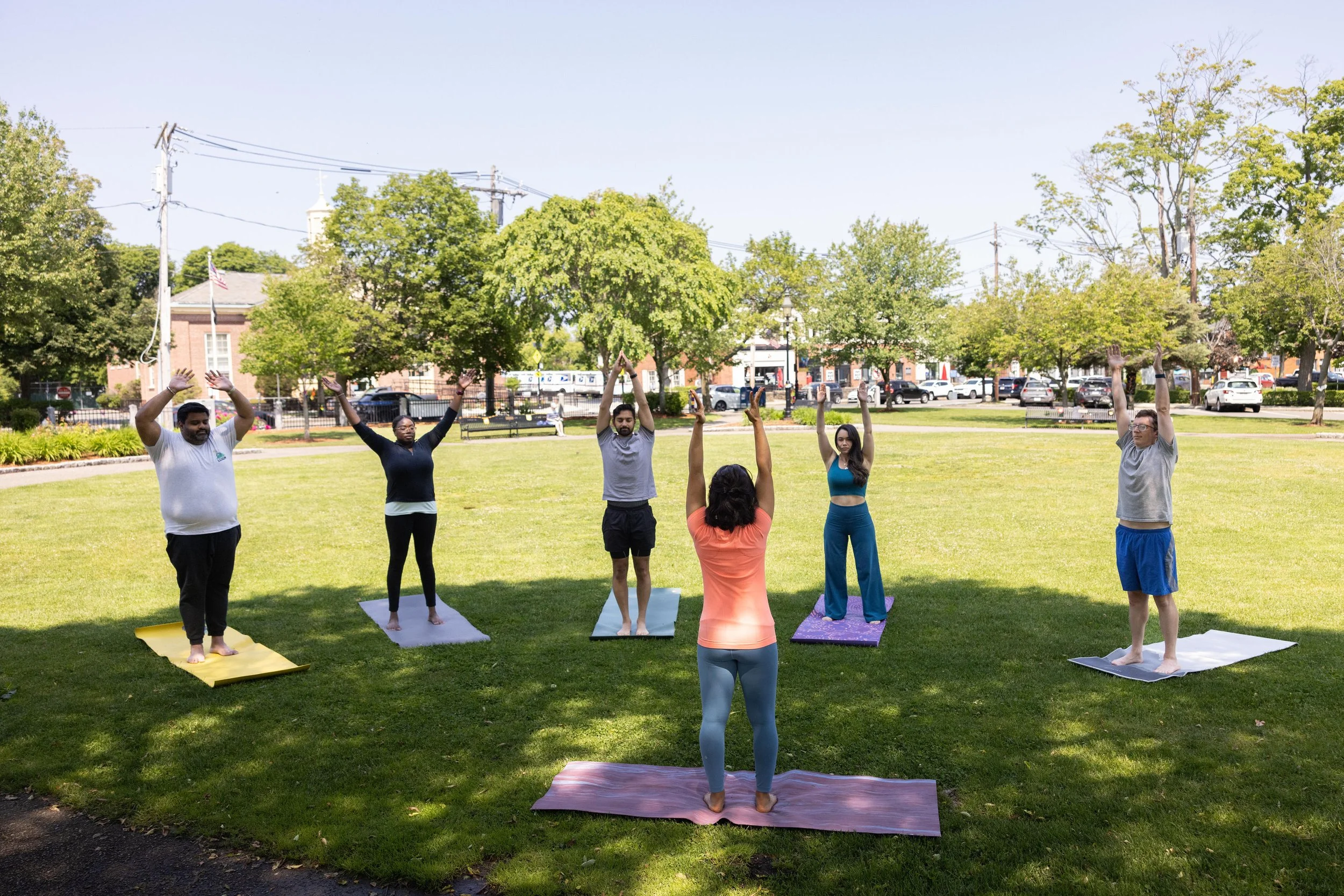 Group of six people doing yoga on mats in a park under trees on a sunny day.