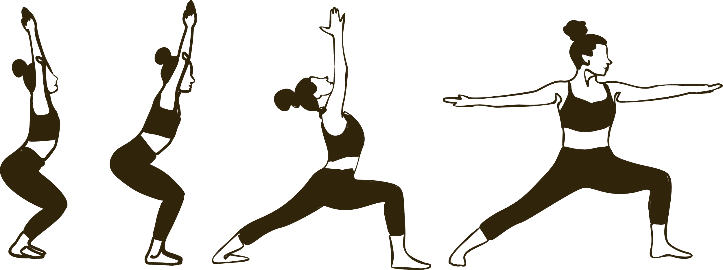 Silhouette illustration of a woman doing yoga poses in sequence.
