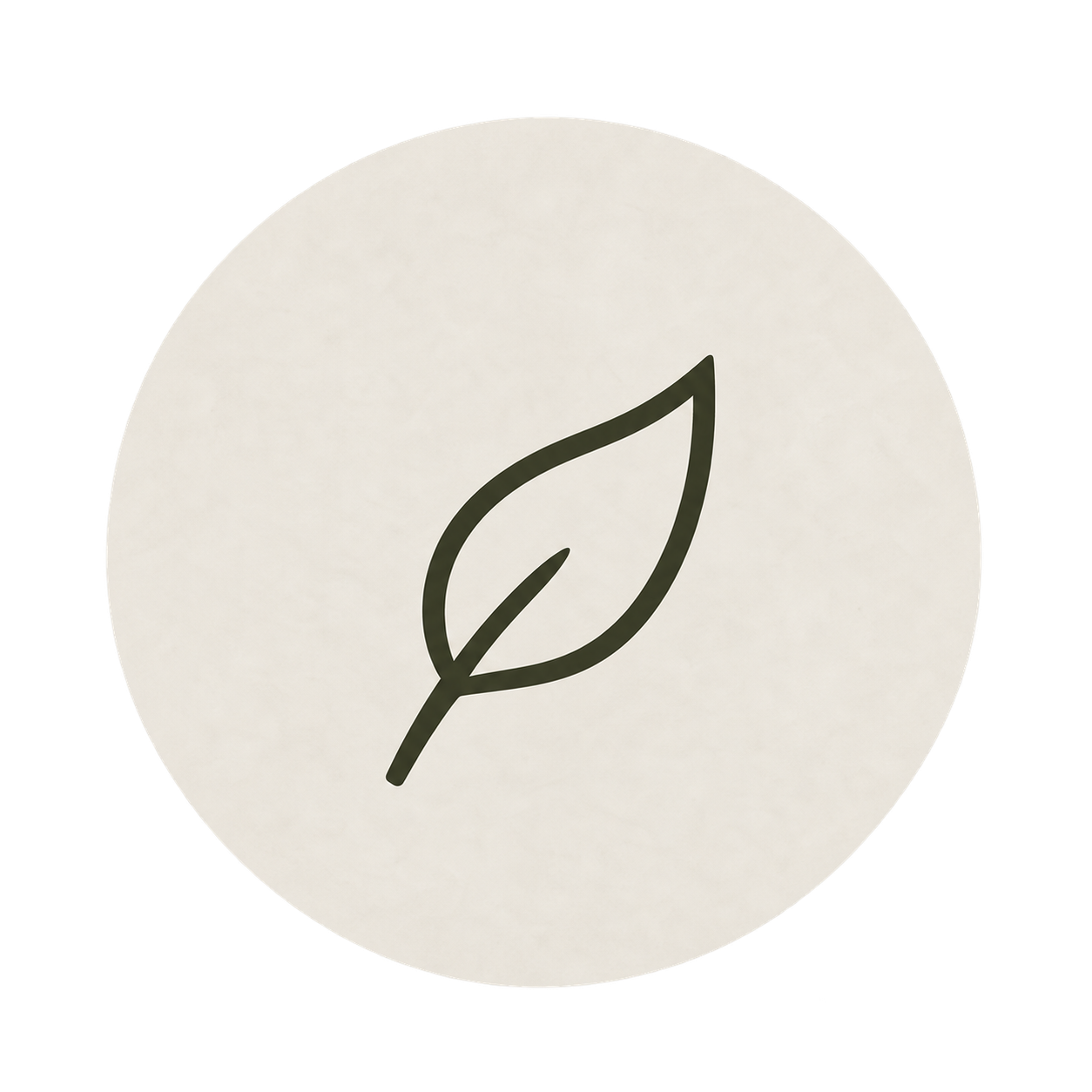Simplistic black leaf icon on a round white background.
