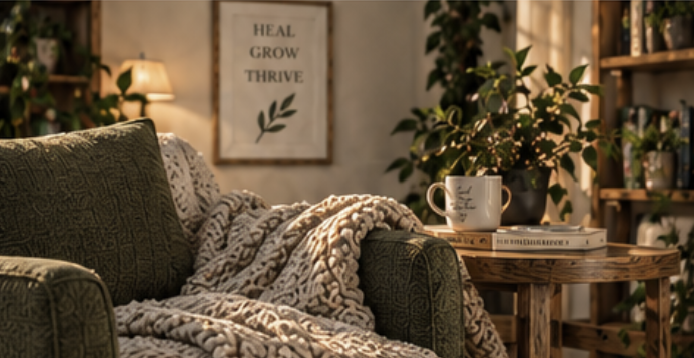 Cozy living room with a green armchair, a knitted throw blanket, a wooden side table with a coffee mug and books, and a framed wall art that reads 'Heal Grow Thrive' in the background.