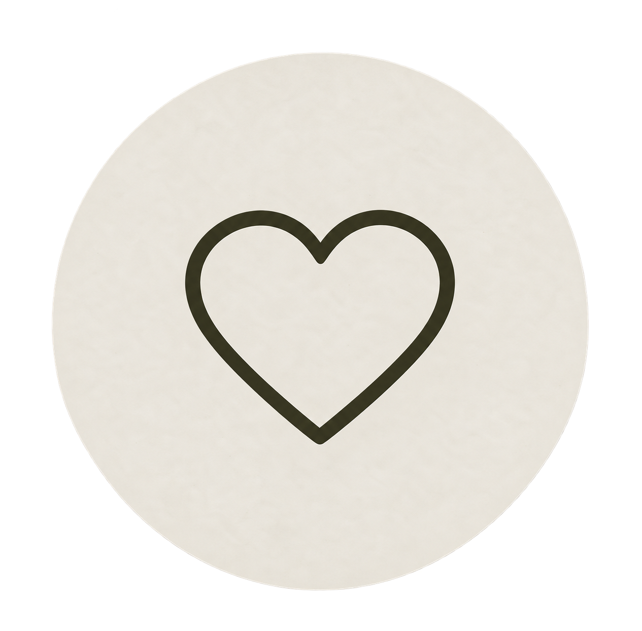 A round white object with a black outline of a heart in the center.