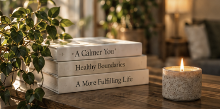 Stack of three books titled 'A Calmer You,' 'Healthy Boundaries,' and 'A More Fulfilling Life' beside a lit candle on a wooden surface with plants in the background.