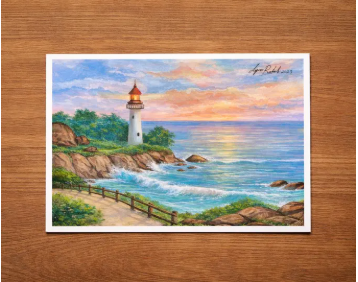 Hand-Painted Lighthouse Postcard: Coastal Sunset Ocean Waves Art (6x9 Inch)