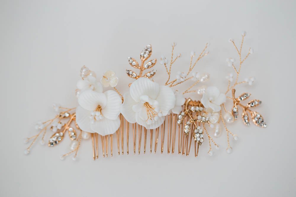 Handmade Clay Flower + Gold Wire Bridal Comb — Wedding Shoes  display picture 1