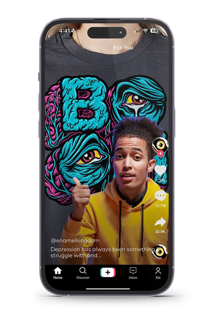 A person in a yellow hoodie giving a thumbs-up on a TikTok video, with a digital art background of stylized, colorful brains and eyes, on a smartphone screen.