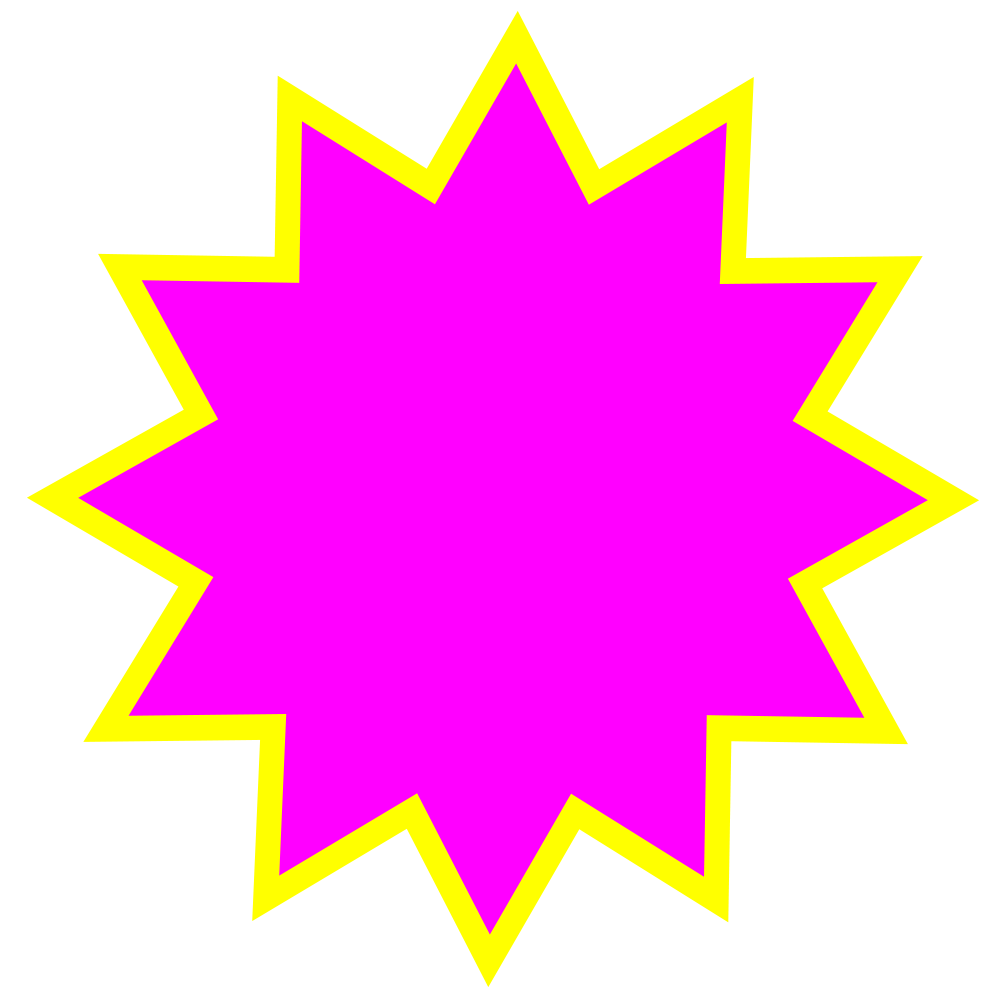 Bright pink starburst shape with a yellow outline on a black background.