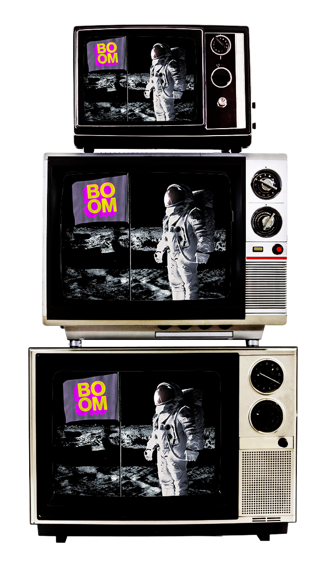 Three vintage television sets stacked vertically, each displaying an astronaut on the moon with a purple and yellow 'BOOM' graphic.