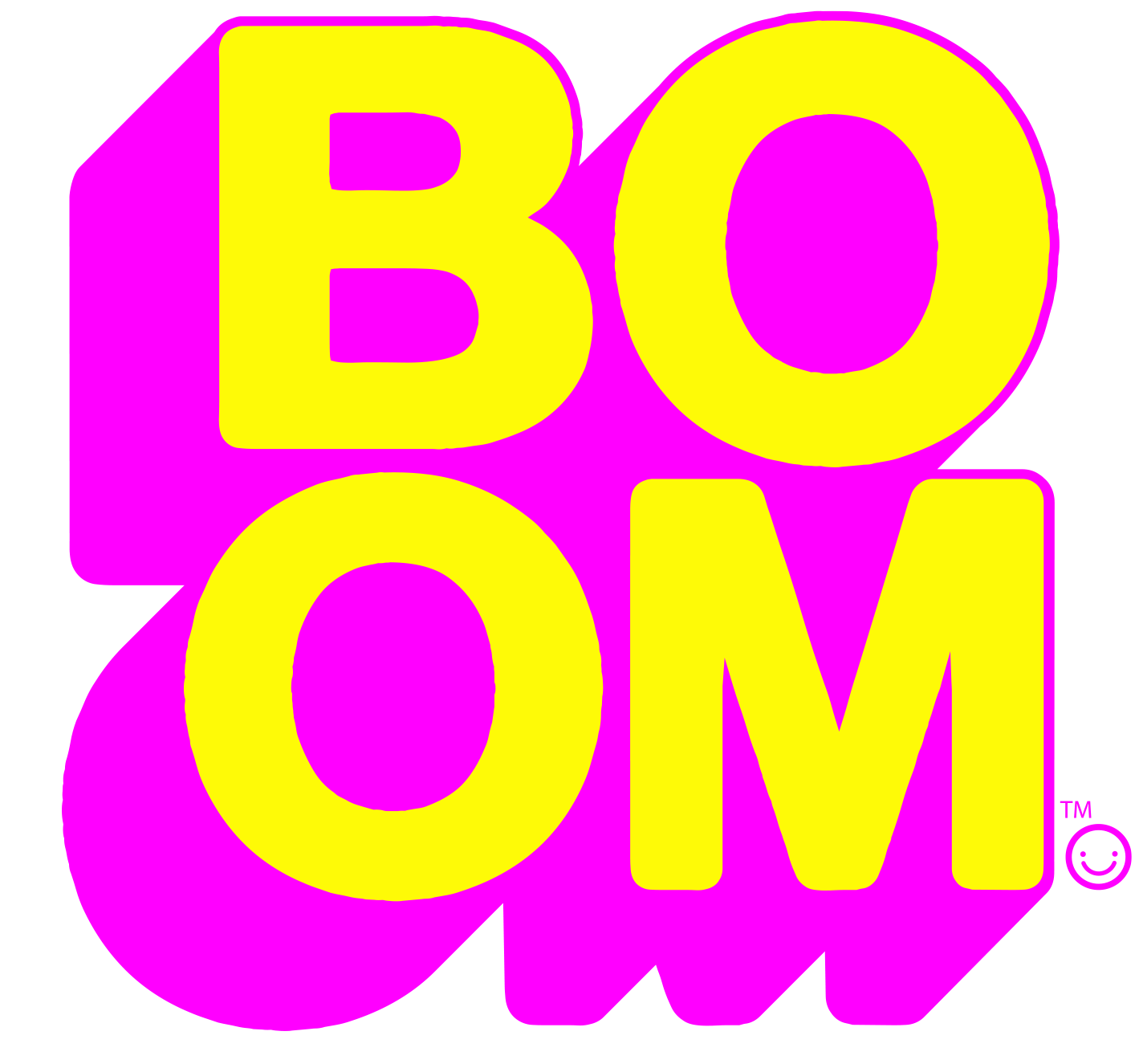 Bright pink background with overlapping yellow text that reads 'BIG MOM' in bold, stylized font, and a small TM symbol with a smiley face at the bottom right.