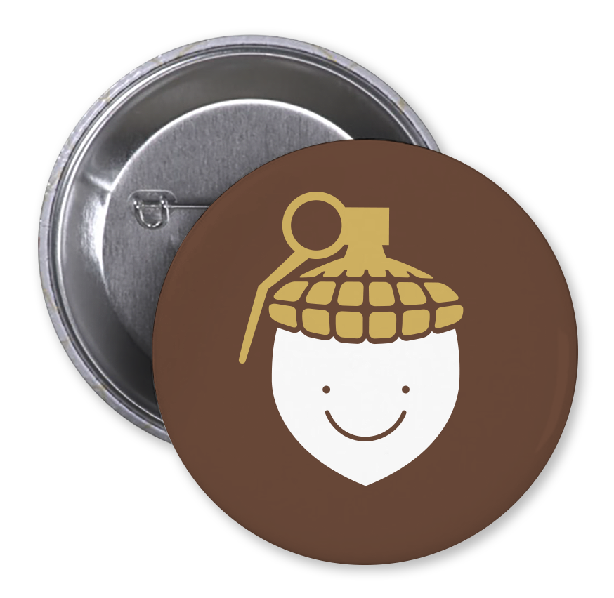 A round button featuring a smiling face cartoon with an acorn cap on its head, resembling a happy child.
