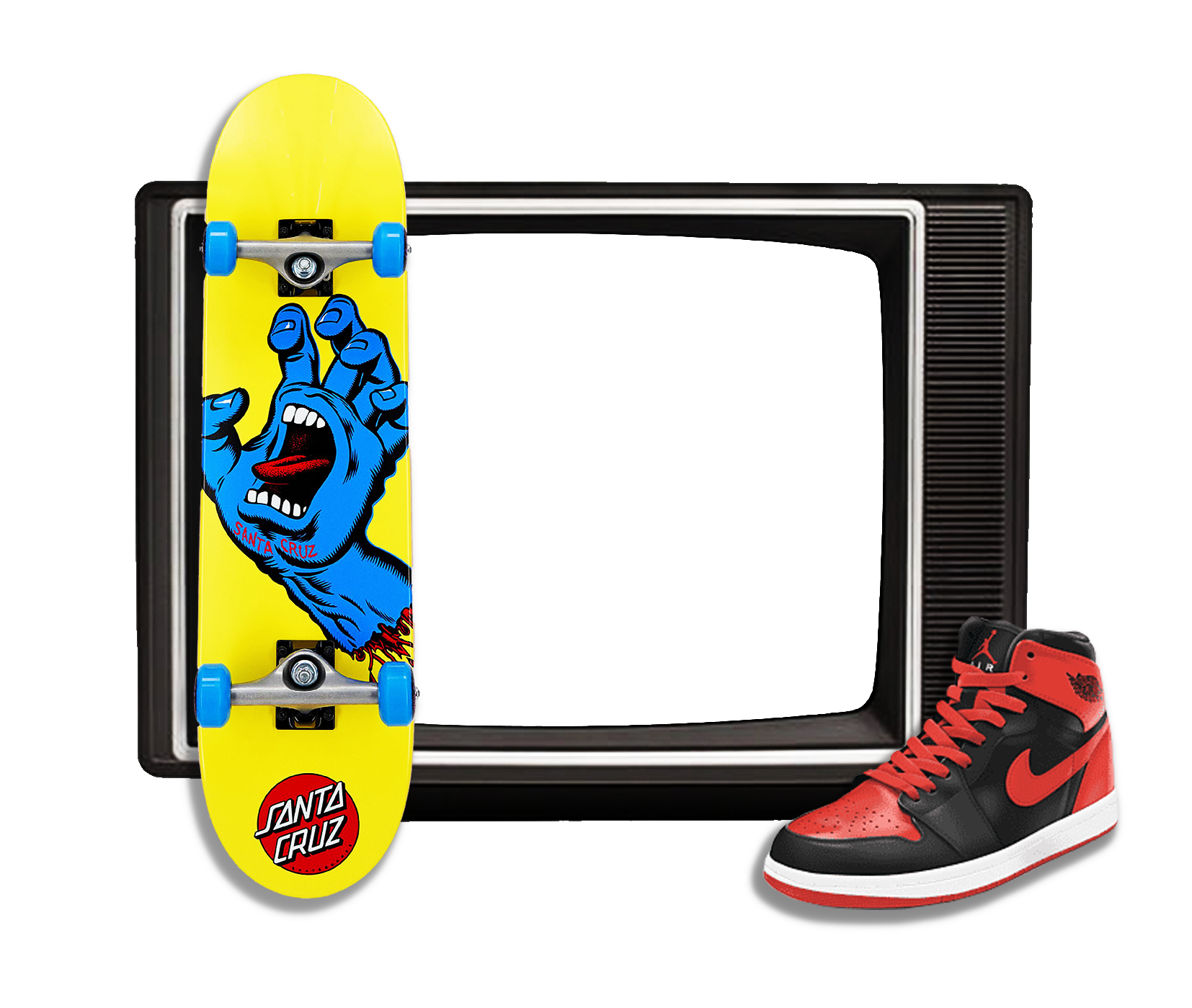 A yellow skateboard with a comic-style blue screaming hand and Santa Cruz logo, red and black Nike sneakers, and a vintage television set isolated on black background.
