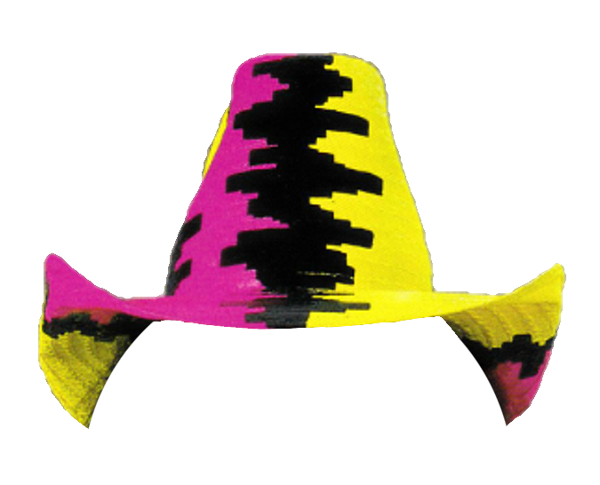 Colorful woven hat with yellow, pink, and black patterns.