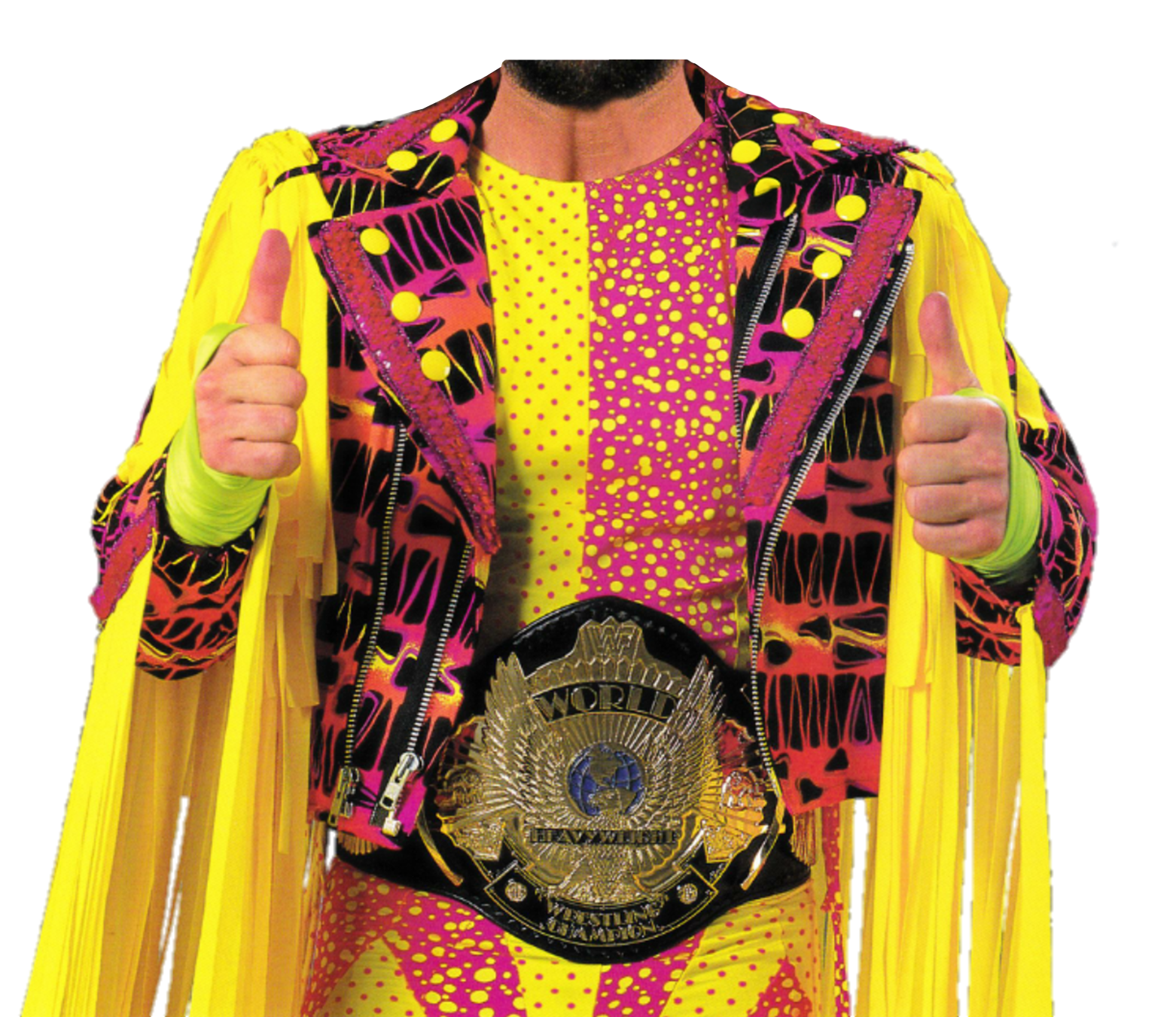 Close-up of a wrestler's torso wearing a colorful graffiti-style jacket, yellow and pink shirt, neon yellow gloves, and a championship belt.