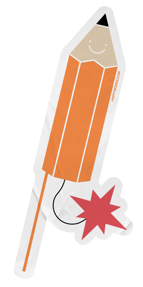 A cartoon illustration of a pencil shaped as a rocket with a smiling face, a fuse, and a red explosion at the bottom, with the text "HAPPY BOMS.COM" on the side.