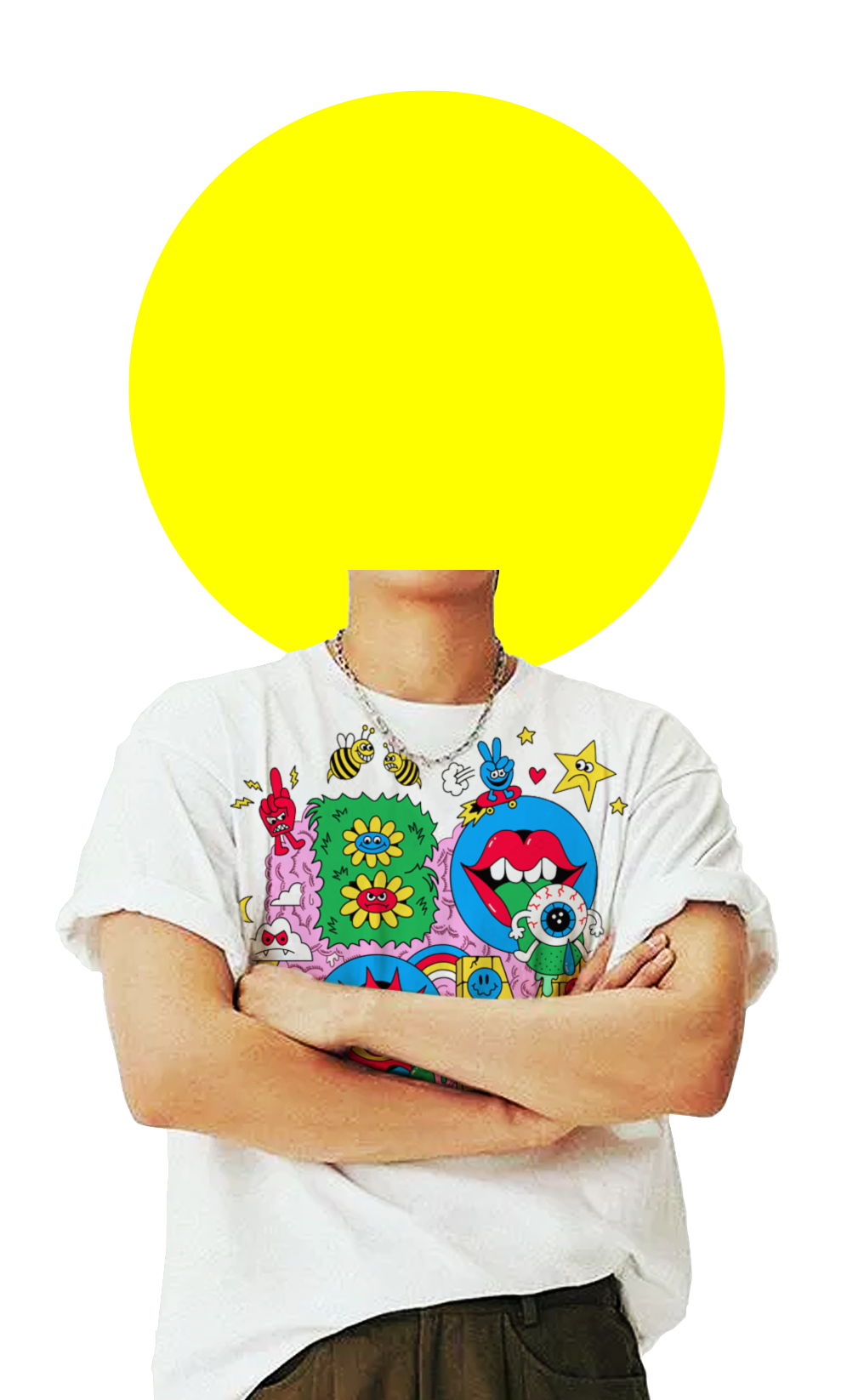 Person with a yellow cartoon face covering their face, wearing a white t-shirt with colorful, cartoonish graphics of flowers, stars, and animated characters, arms crossed.