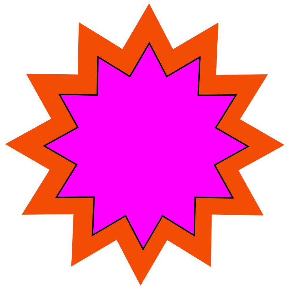 Bright pink burst shape with black outline, layered inside a larger red burst shape with black outline.