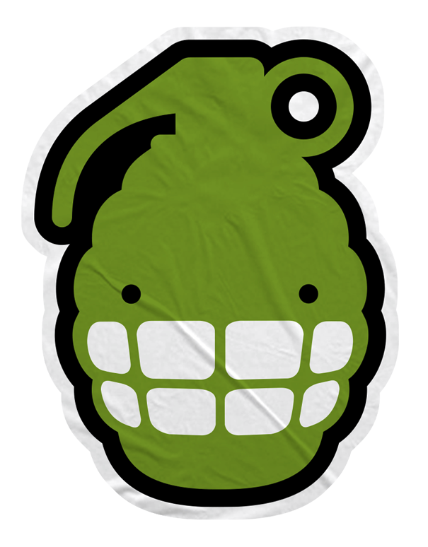 Cartoon illustration of a green grenade with a smiling face, showing teeth, and a black outline.