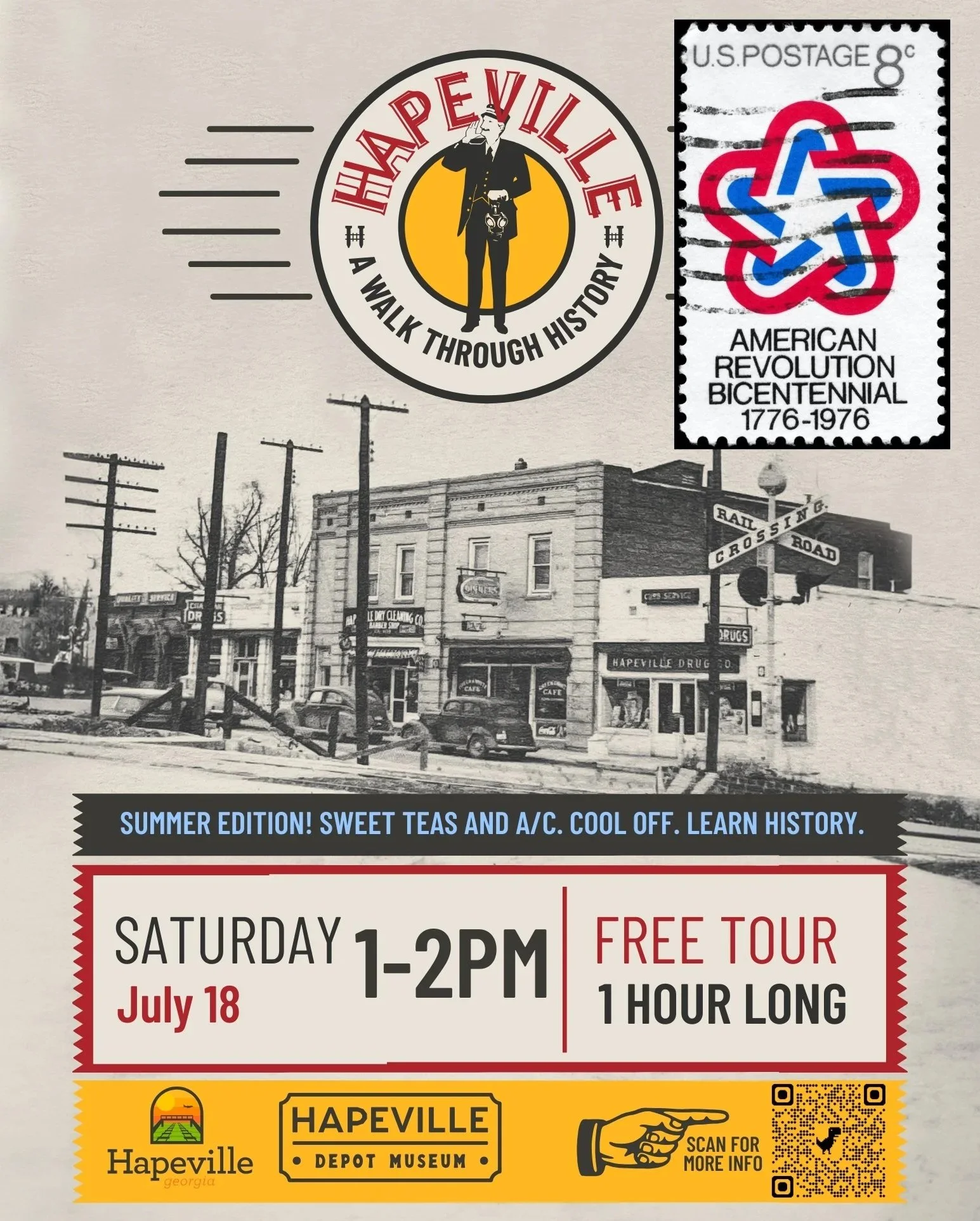 A vintage black and white photograph of a small town with old buildings, utility poles, cars, and a road sign for 'Rail Crossing Road' in Hapeville, Georgia, with a United States postage stamp commemorating the American Revolution Bicentennial.