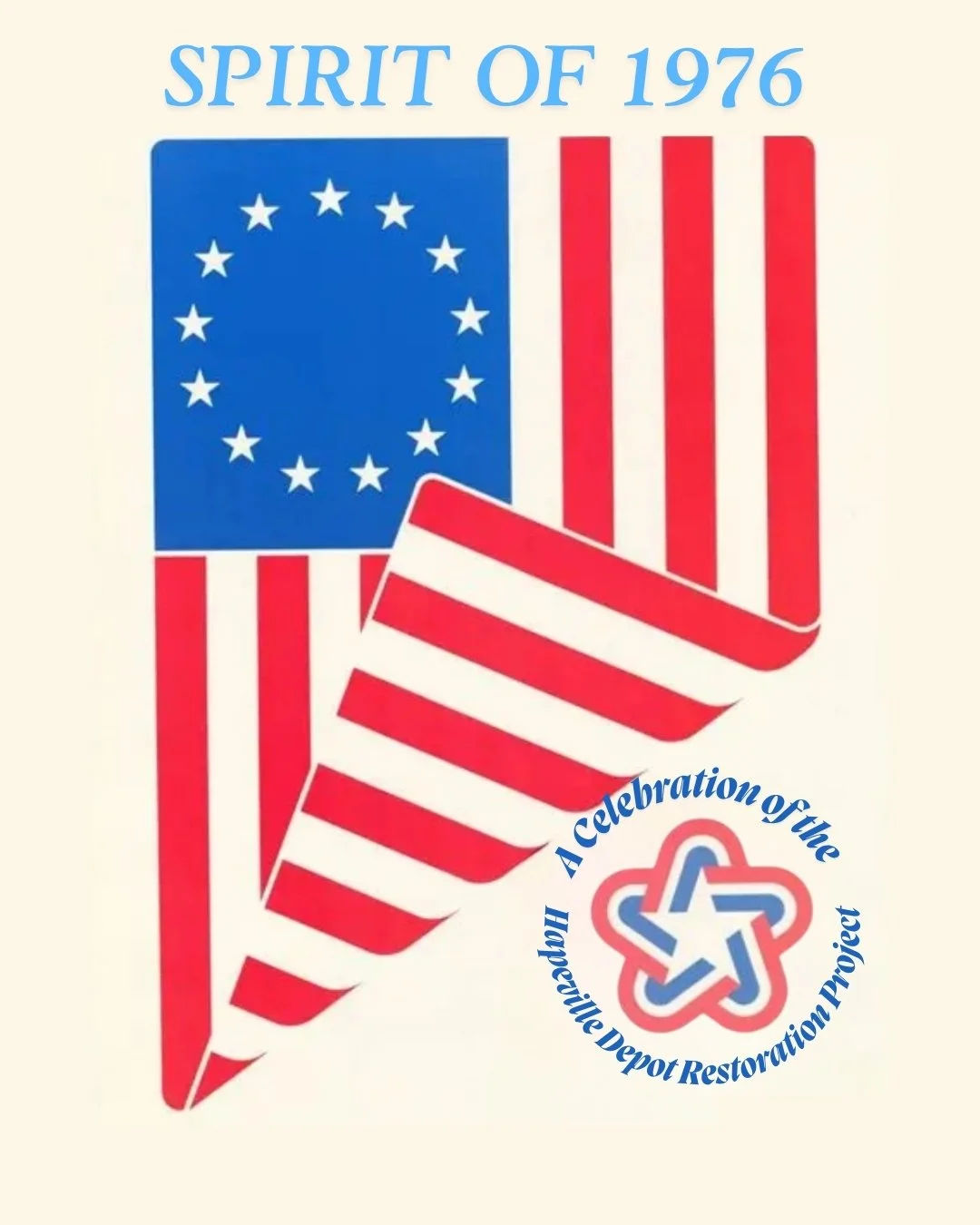 A vintage poster with the American flag. The top reads 'SPIRIT OF 1976'. There is a circular logo with a red, white, and blue star, and the text 'A celebration of the Michigan Depot Restoration Project'.