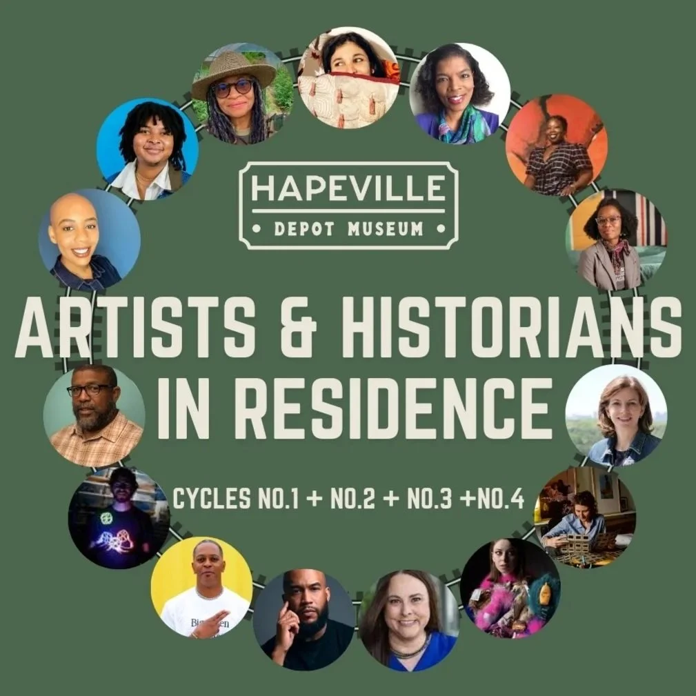 A promotional graphic for the Hapeville Depot Museum featuring a circular collage of diverse artists and historians, with the text "Artists & Historians in Residence, Cycles No. 1, 2, 3, 4."