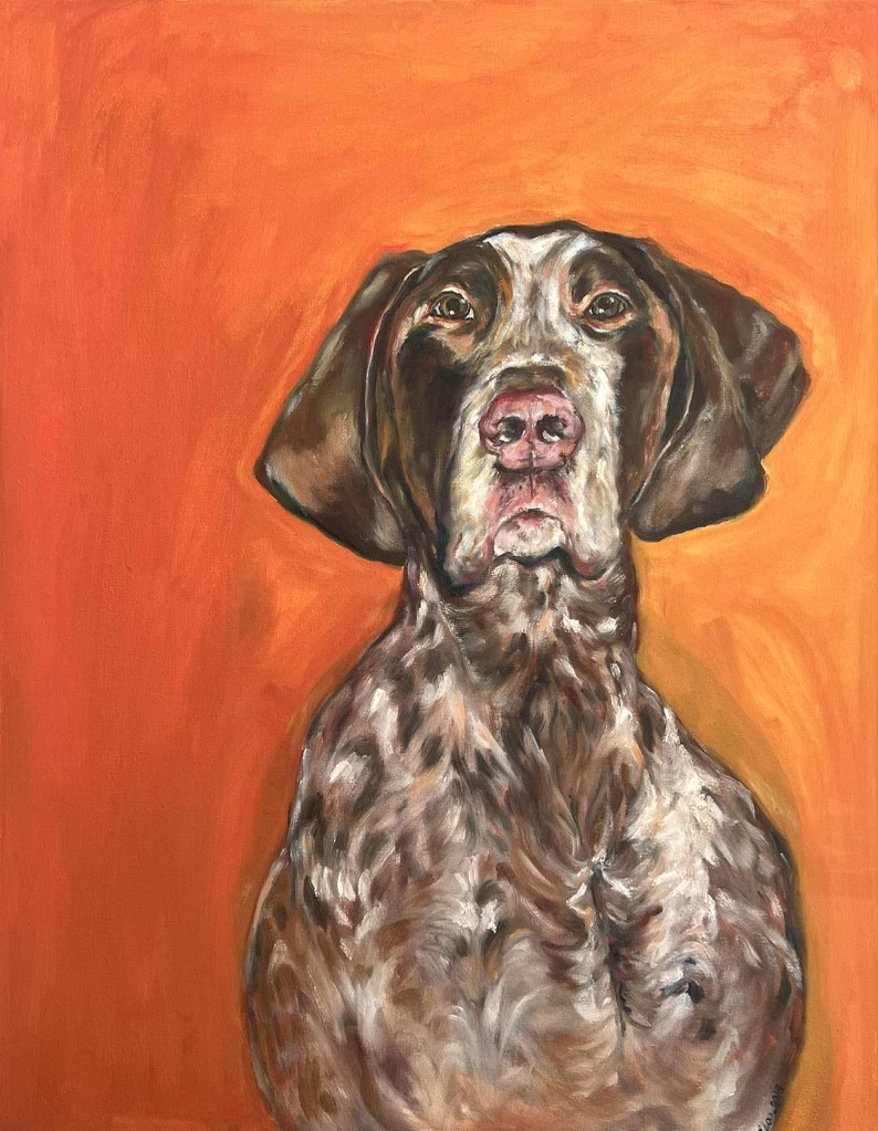 Painting of a brown and white dog with a pink nose against an orange background.