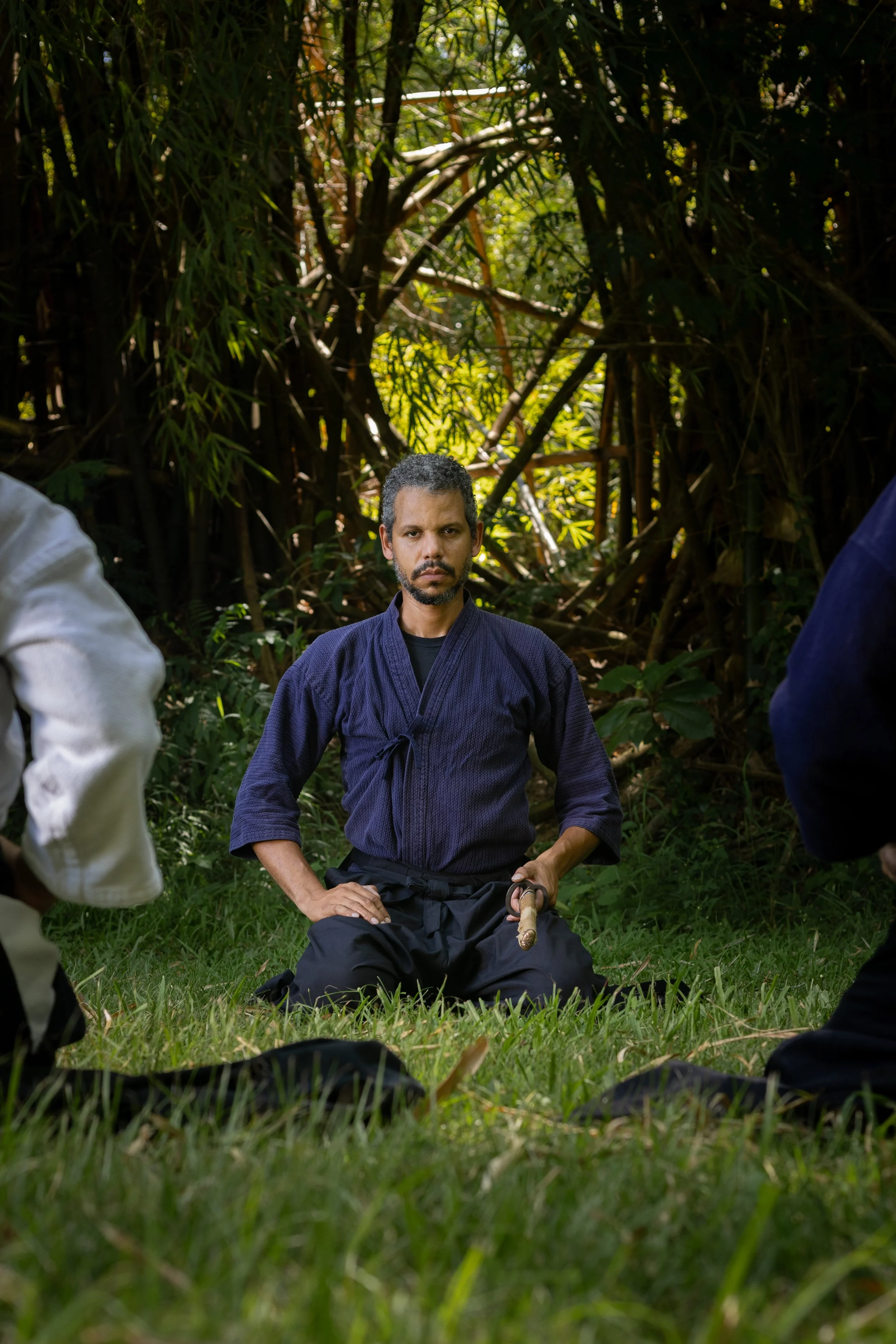 A man in traditional martial arts clothing practicing a stance outdoors in a park with trees in the background.