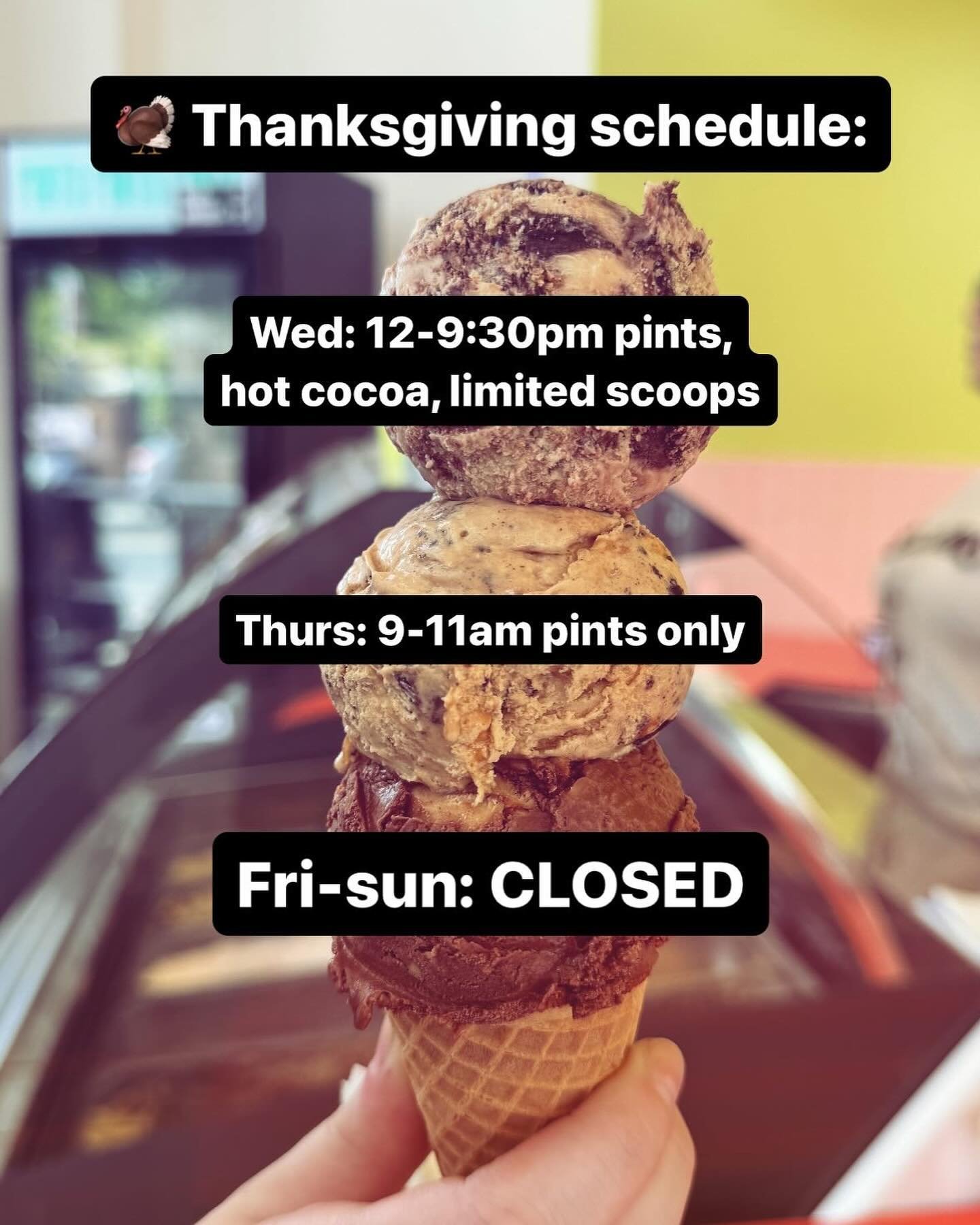Reminder!! We&rsquo;re closed this weekend! Tomorrow and Thursday we&rsquo;ll have pints for sale&mdash;so snag ice cream to top pies. But also who needs pie when there&rsquo;s ice cream to be eaten??

Tomorrow (Wednesday) we&rsquo;ll also have vanil