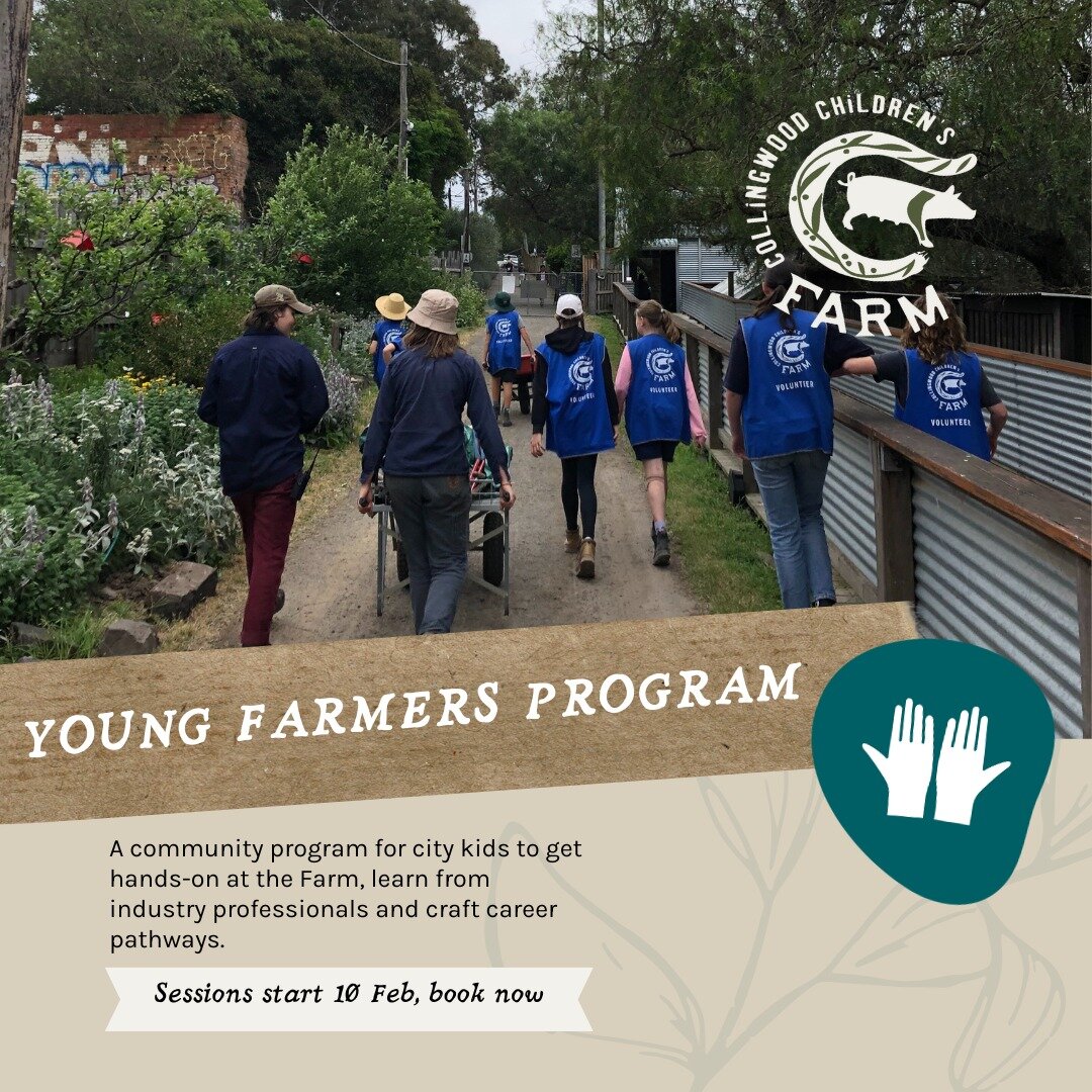 Farm life awaits! Link in bio 👩&zwj;🌾🧑&zwj;🌾

[ID: Farmer Mel and Emma are pushing a trolley filled with equipment up the driveway at Collingwood Children's Farm. They are with a group of Young Farmers wearing blue &quot;Volunteer&quot; vests. Th