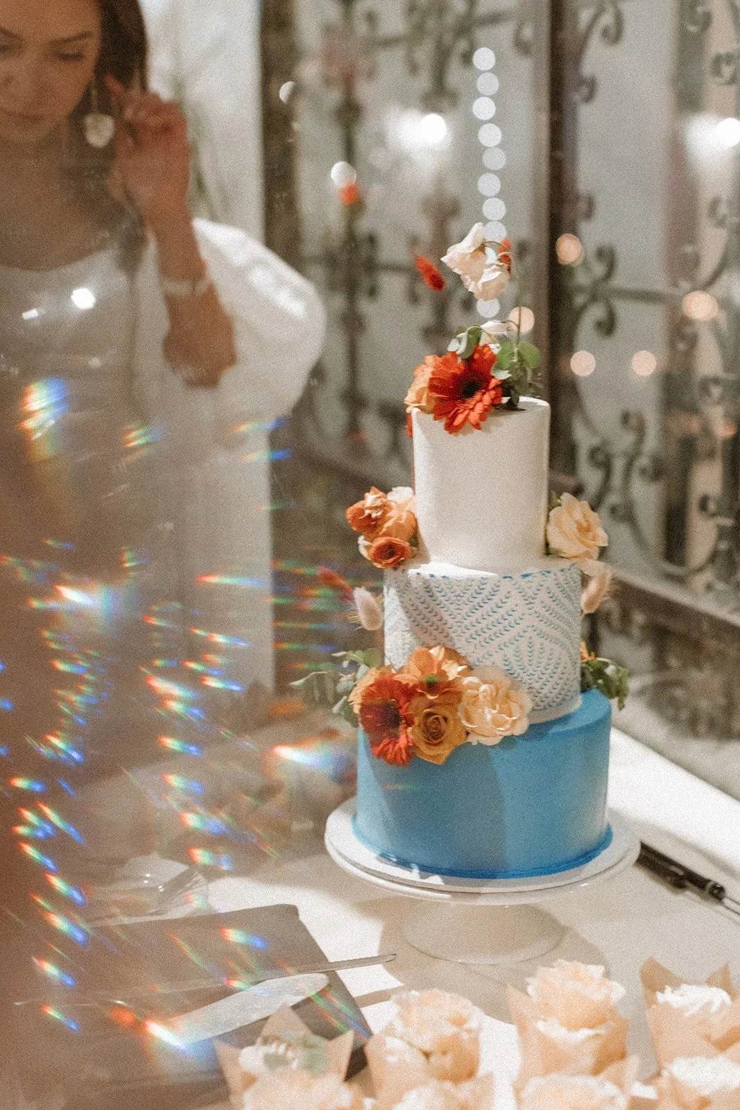 bride and floral 3-tier cake at Santa Barbara wedding
