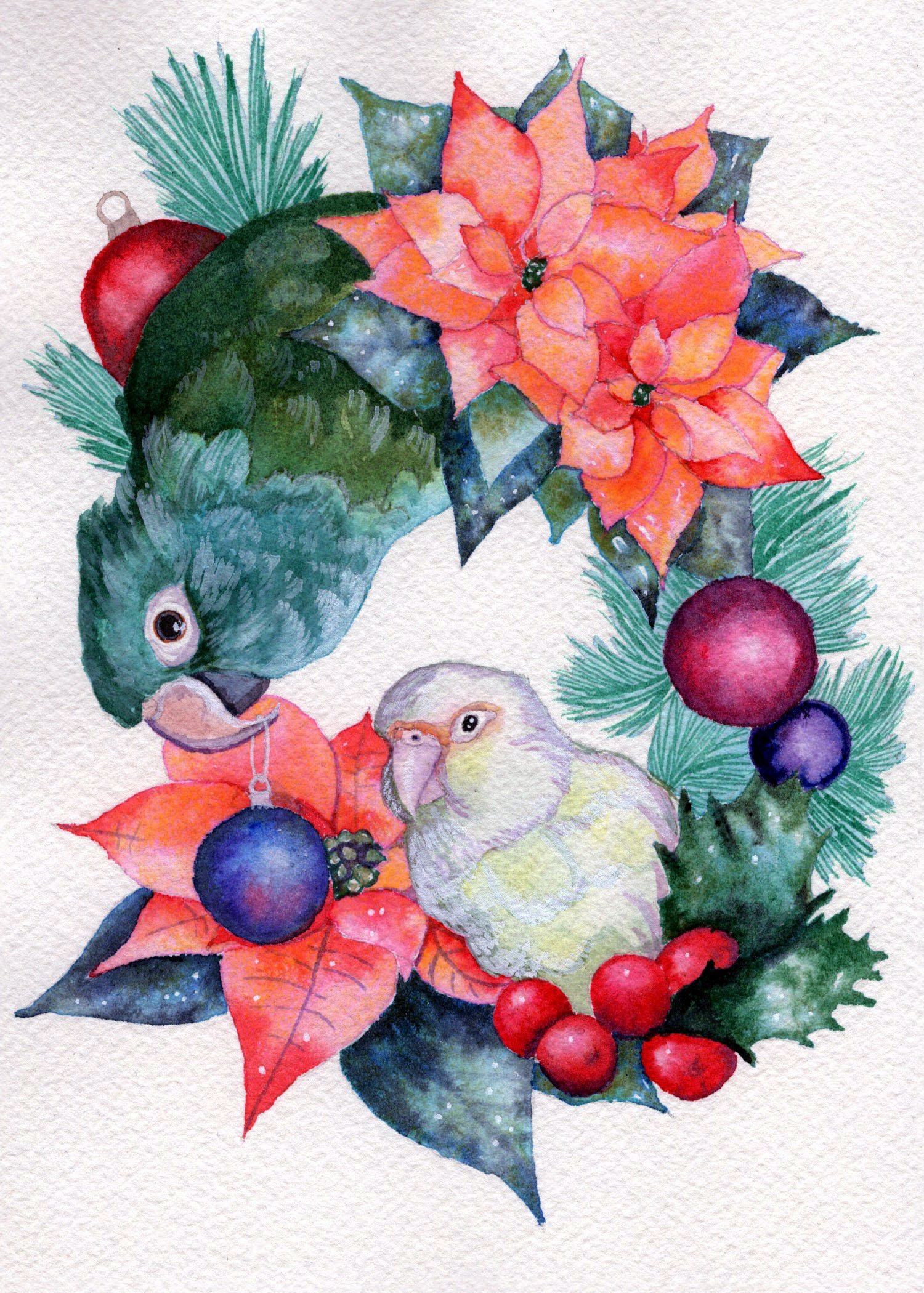 Parrot Wreathe. Watercolor on paper. 5"x7". 2025.