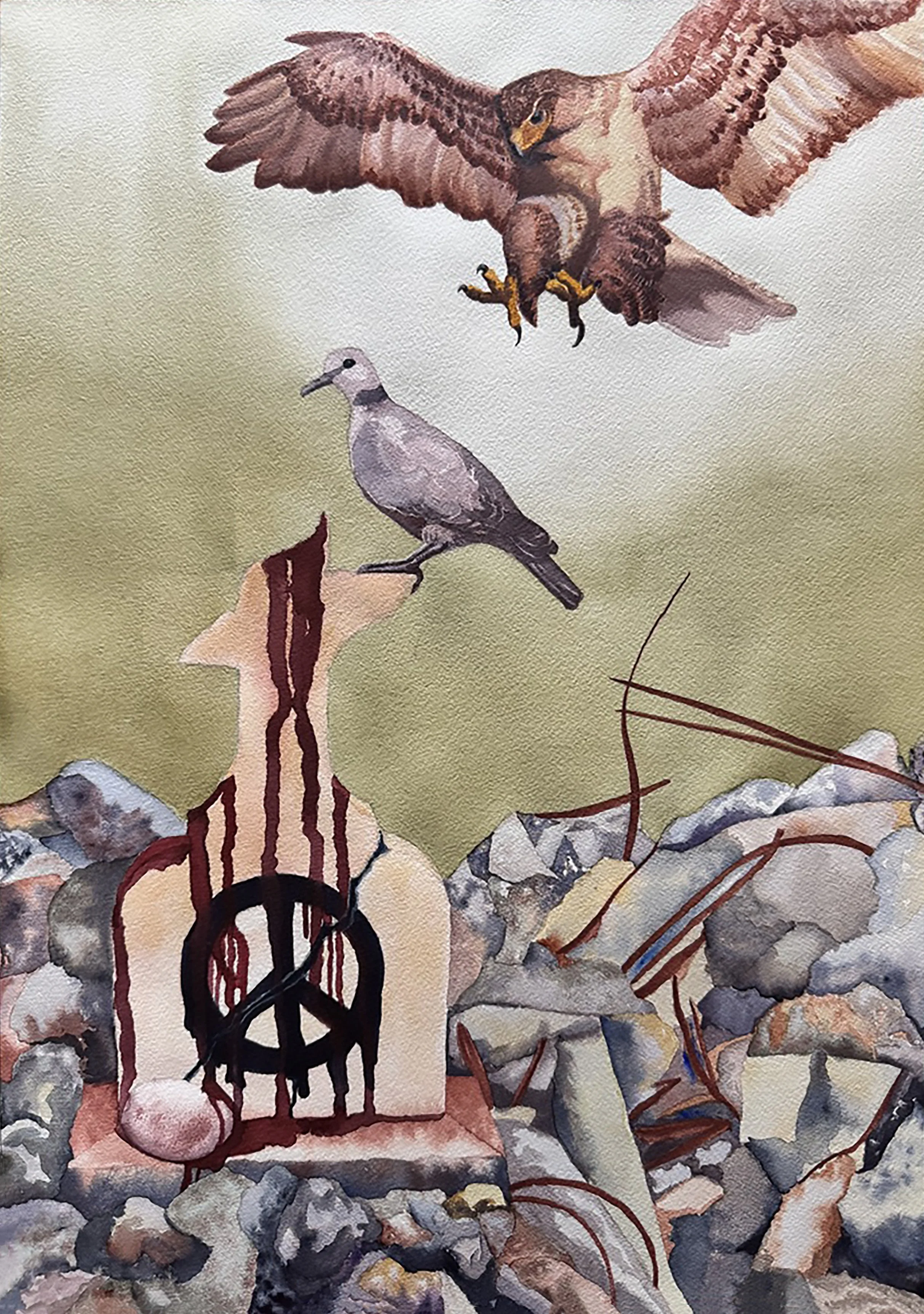 War Hawk and Dove. Watercolor on Paper. 14"x20". 2026.