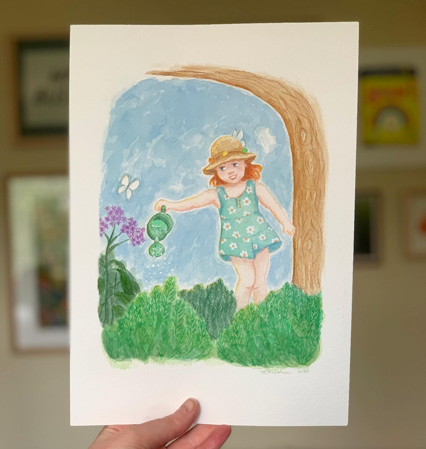 Happy 3rd Birthday to my youngest niece Esme!
Here&rsquo;s a little painting I did of her watering the garden that I&rsquo;m going to gift her. 
I am a bit worried that having this picture is only going to increase her obsession with watering/water p