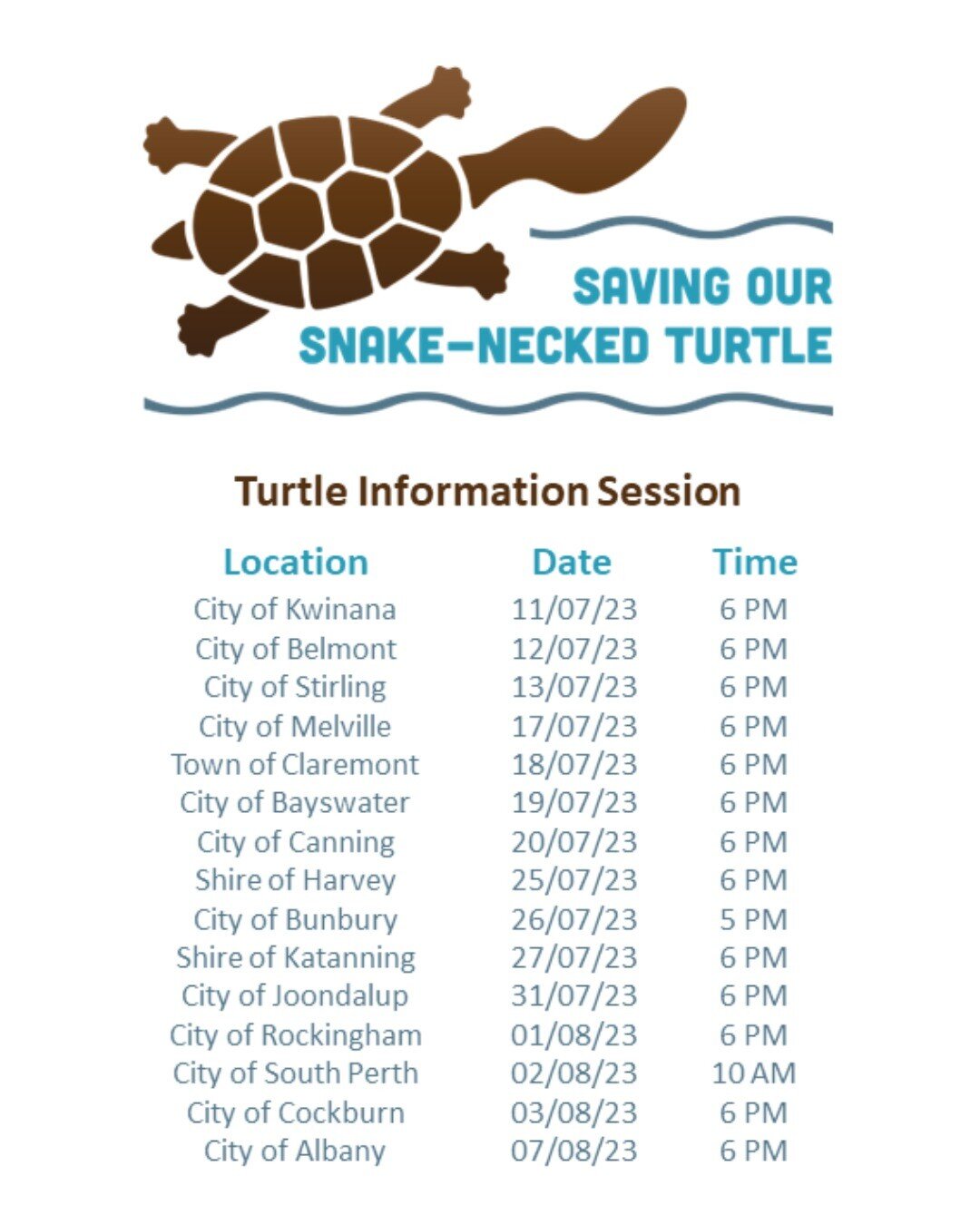 Want to learn all about the snake-necked turtle, the latest research, and the threats to turtle populations?

Come along to one of our Turtle Information Sessions at your local council.

At the session you will learn how you can contribute to crucial