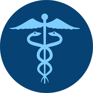 A medical symbol with a caduceus featuring two snakes entwined around a staff, with wings at the top, on a blue circular background.