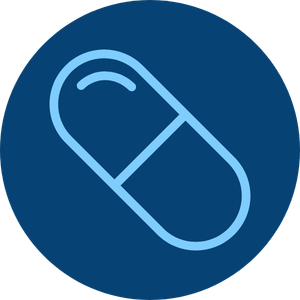 Blue circular icon with a line drawing of a capsule or pill