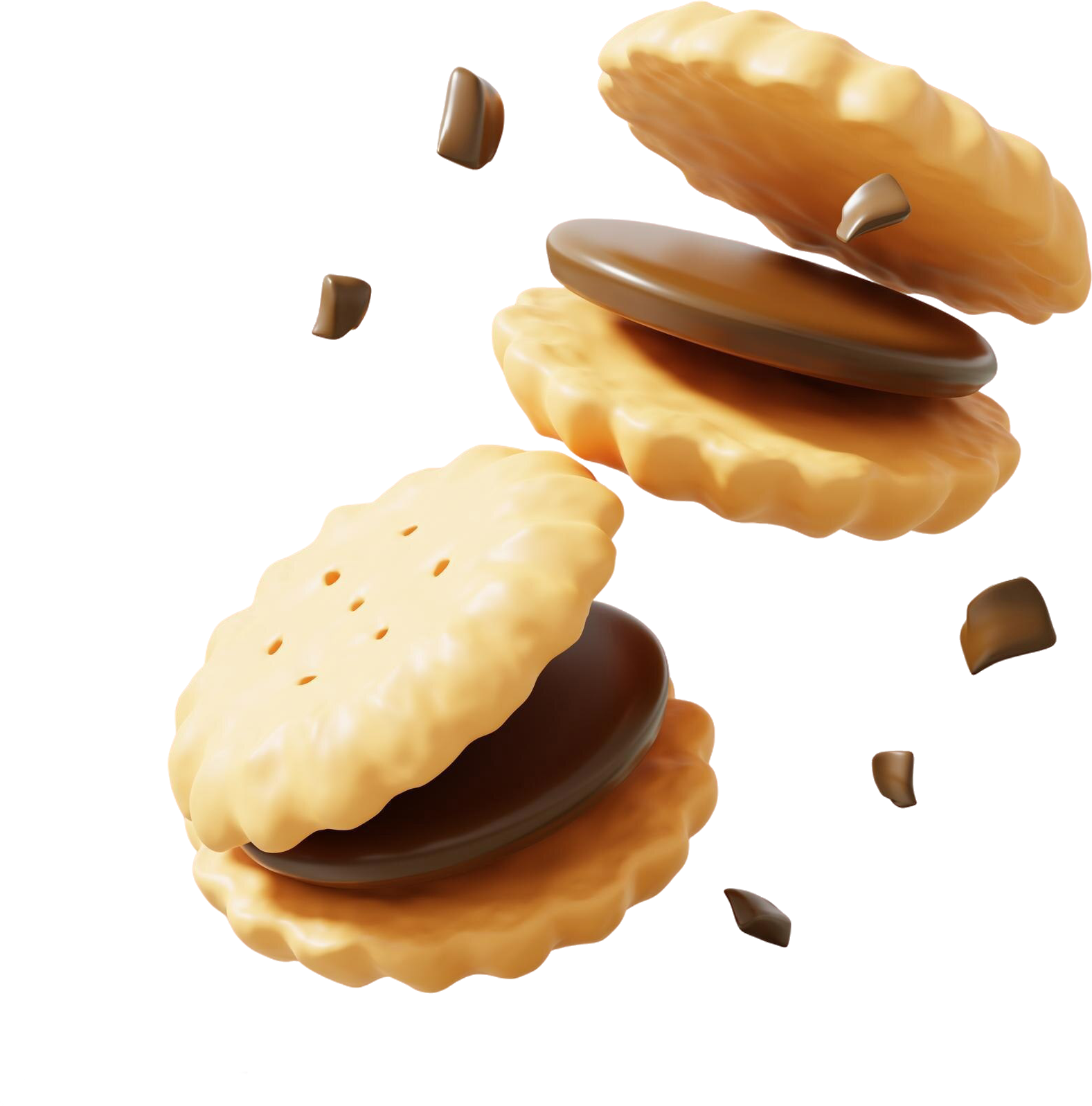 Chocolate and vanilla sandwich cookies with chocolate filling, some cookies and pieces falling, on a transparent background.