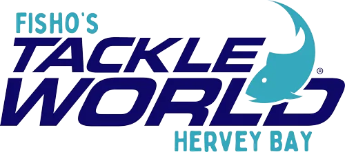 Logo for Fish O's Tackle World in Hervey Bay featuring a stylized fish hook and text in blue and navy colors.