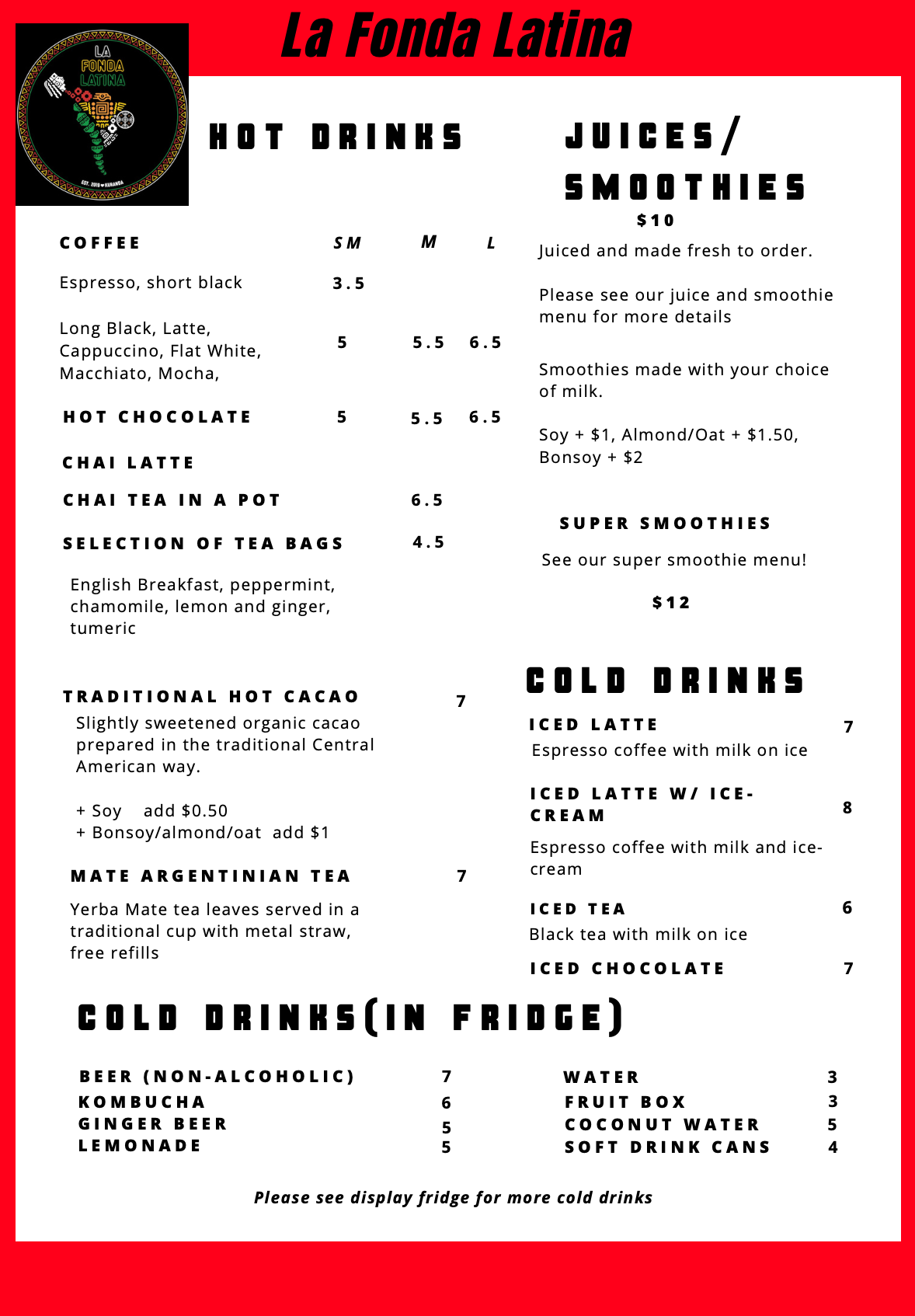 Menu — La Fonda Latina Authentic Latin American Cuisine, Kuranda QLD