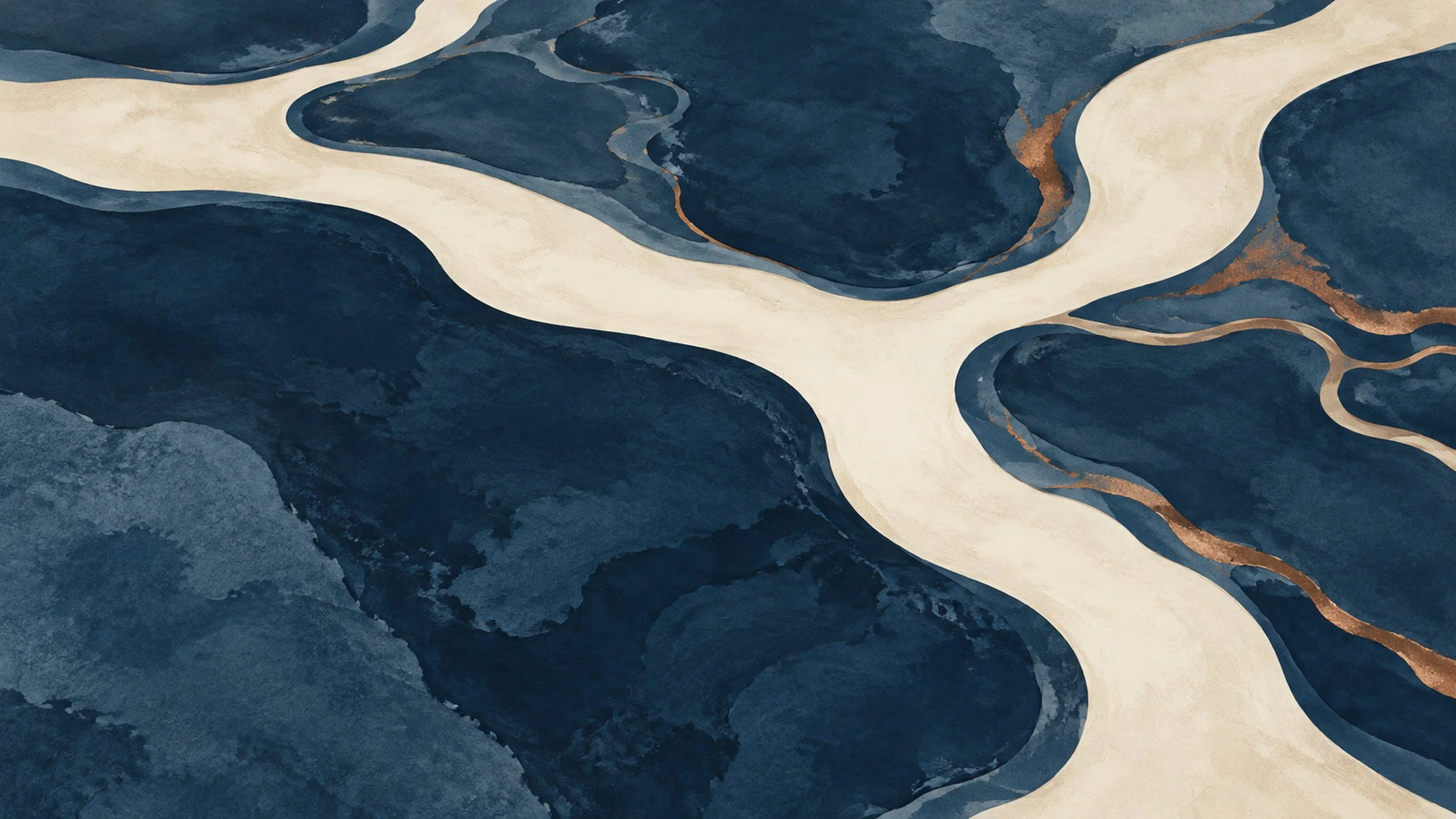 Painterly indigo salt marsh with broad ivory branching channels.