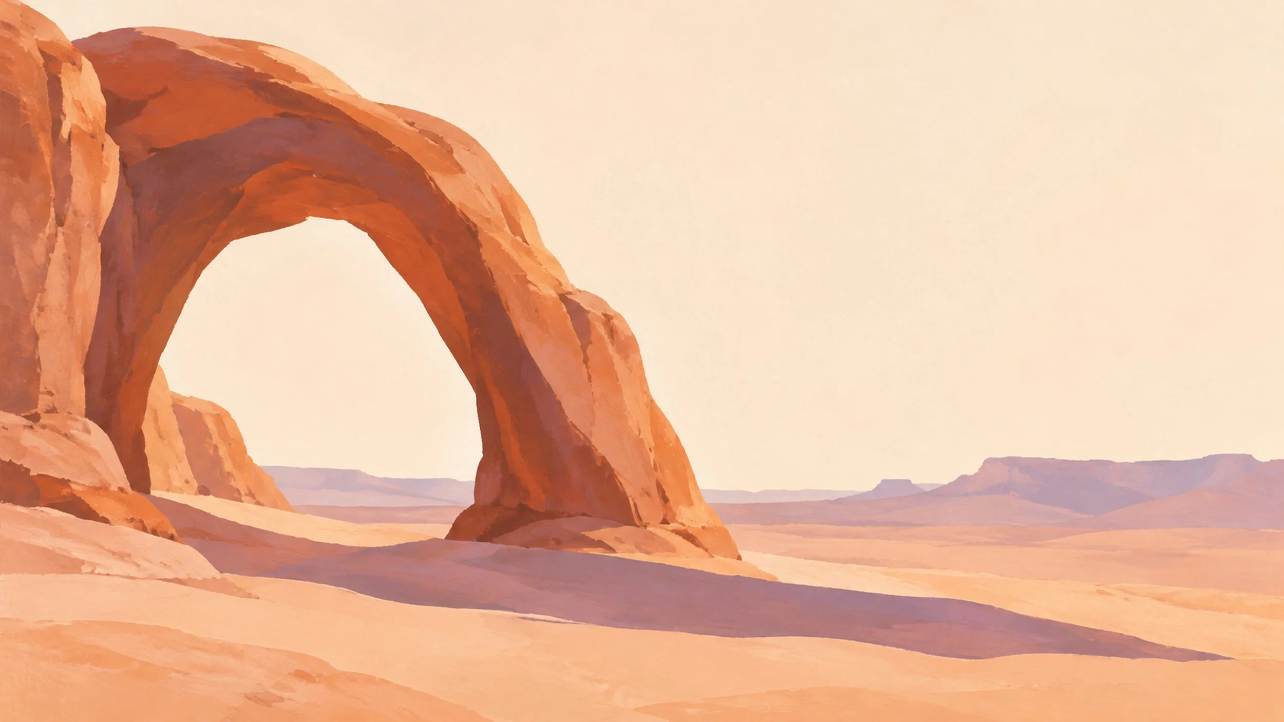 Painterly terracotta desert arch with a soft lavender shadow.