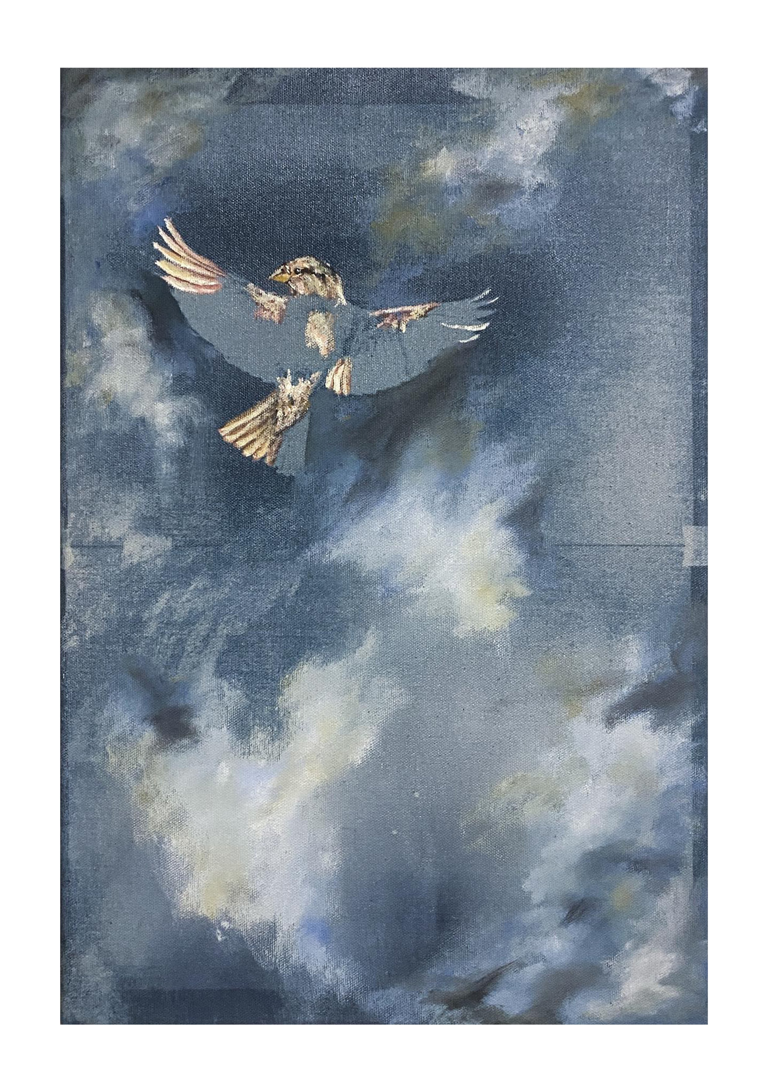 "The Sparrow", Oil and Cyanotype on Canvas, 300mm x 500m, 2022