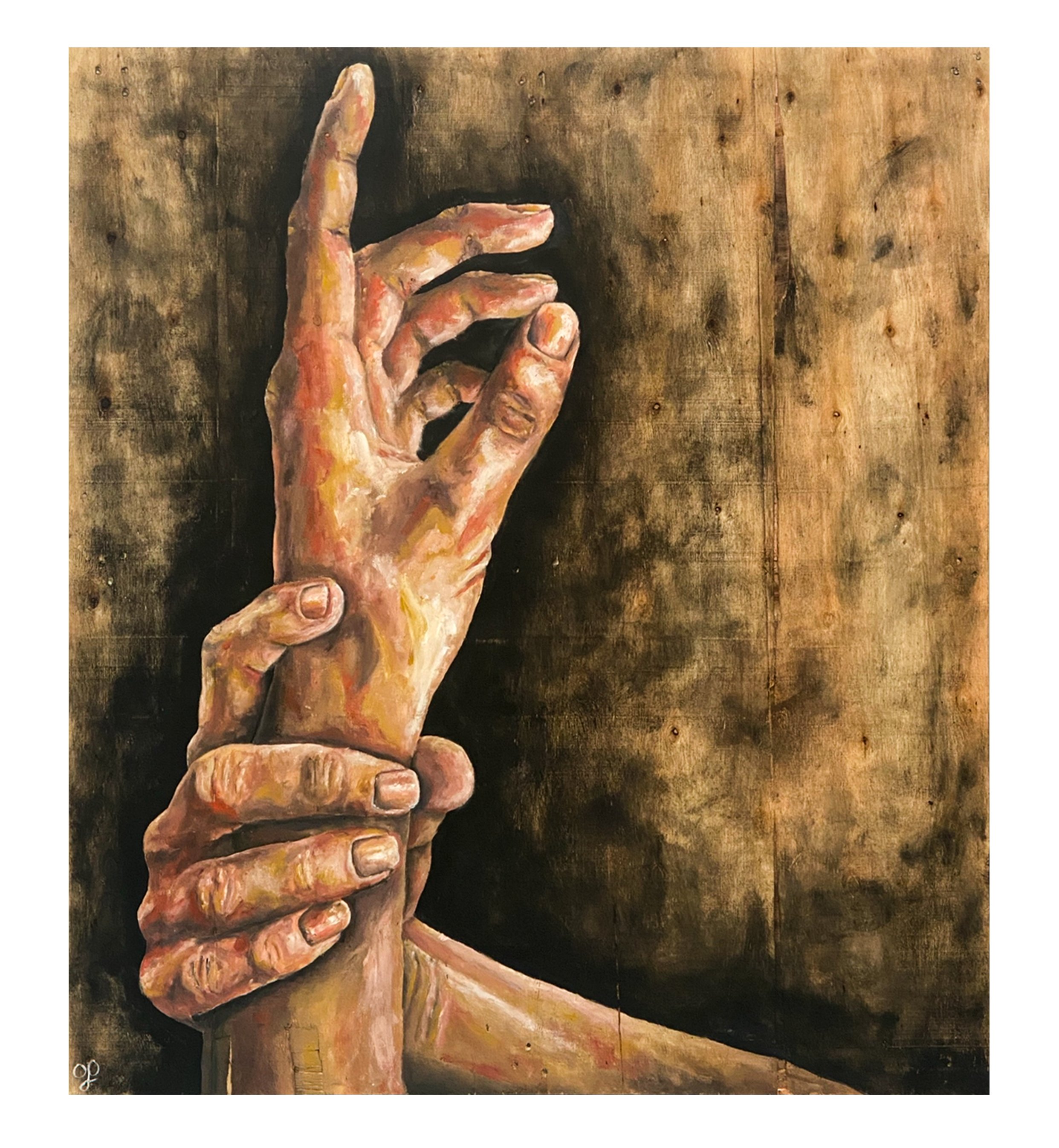 "Untitled" Study of Hands, Oil on Found Wood, 1100mm x 1000mm, 2021