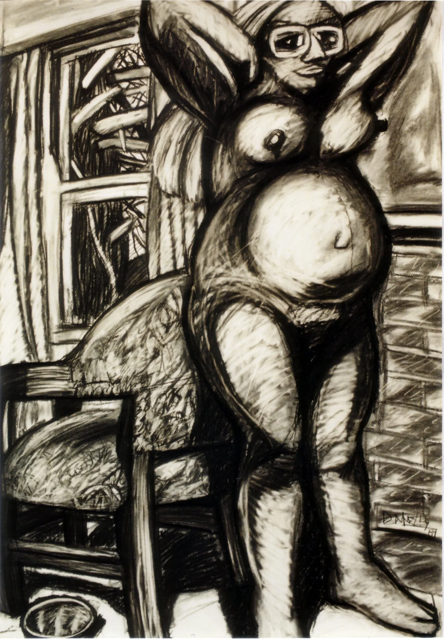 "Standing Woman and Chair", Charcoal and Pastel on University Cartridge, 1989, (Collection of the Artist).