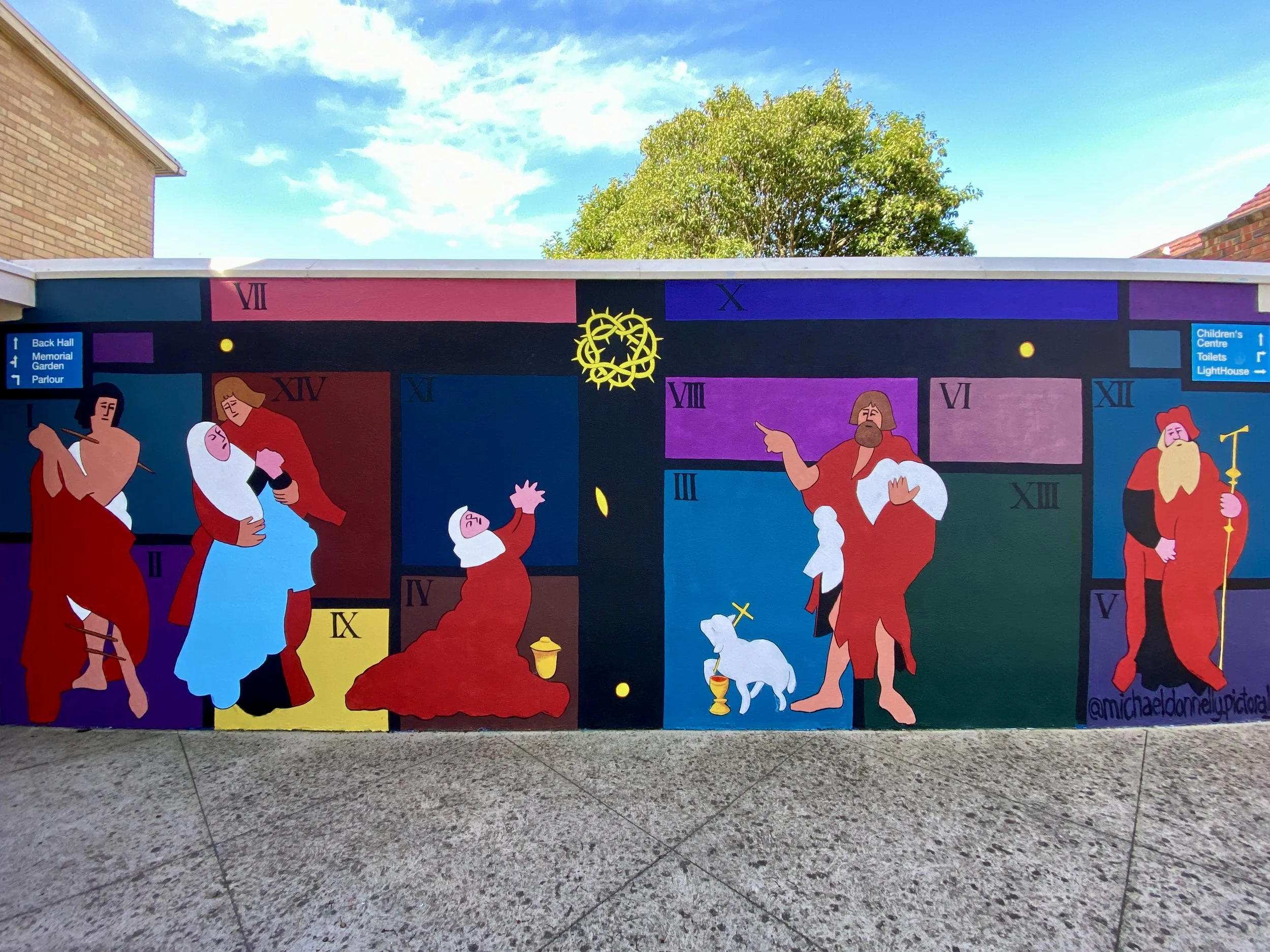 Ashy Mural for Easter 2026, 2.5 x 8m, Acrylic Exterior House Paint. Stations of the Cross with Matthias Grunewald's figures.