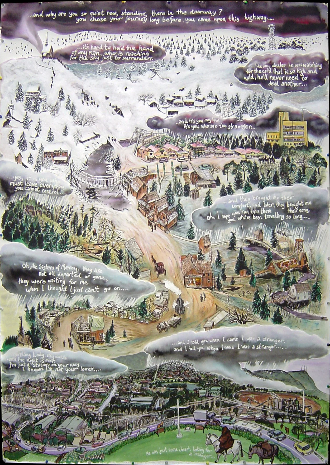 “McCabe & Mrs Miller set up Shop east of Lilydale, Vic.”, Mixed media on Arches Watercolour paper, 174 x 122cm, 2005. Framed.