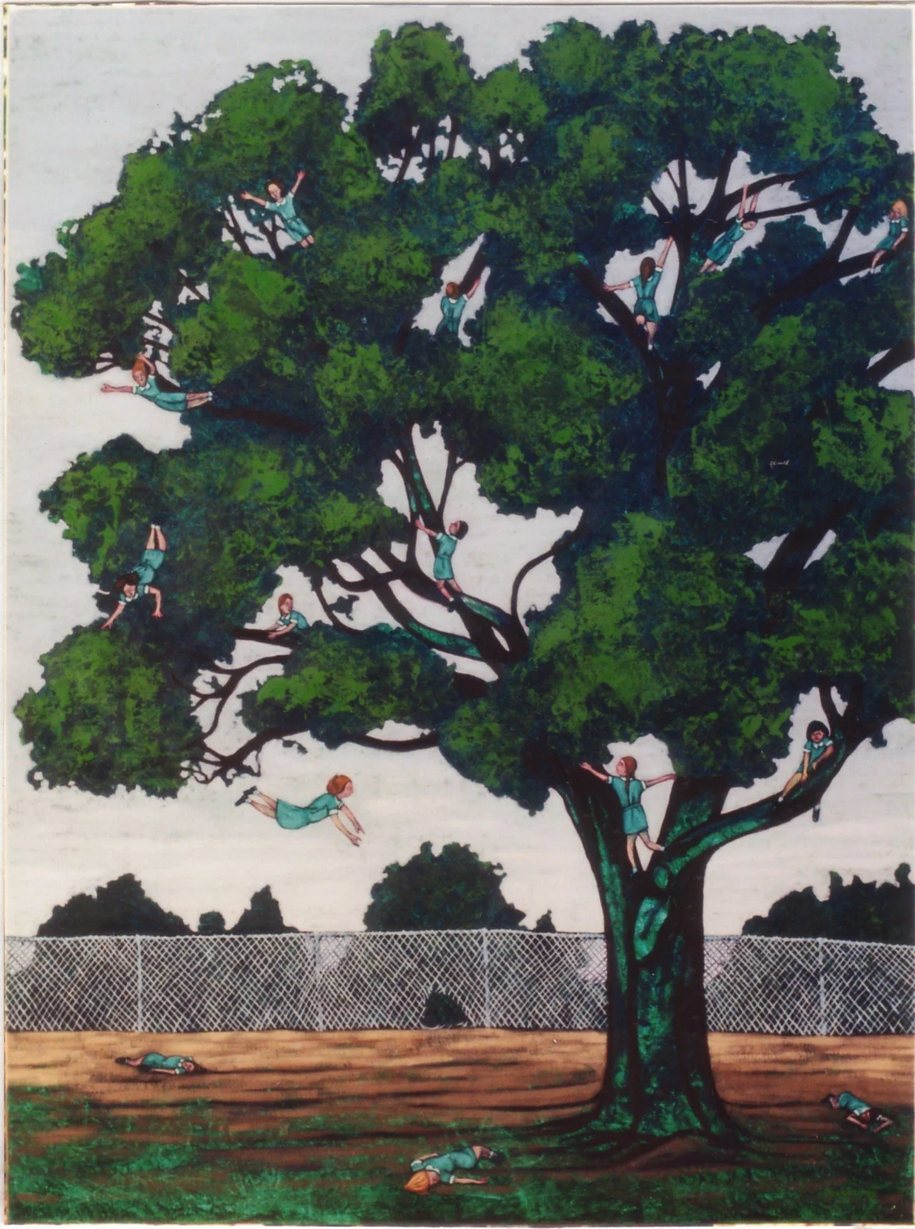 “Girls Falling”, Oil on Linen, 122 x 92cm, 1992. Collection of the Artist.