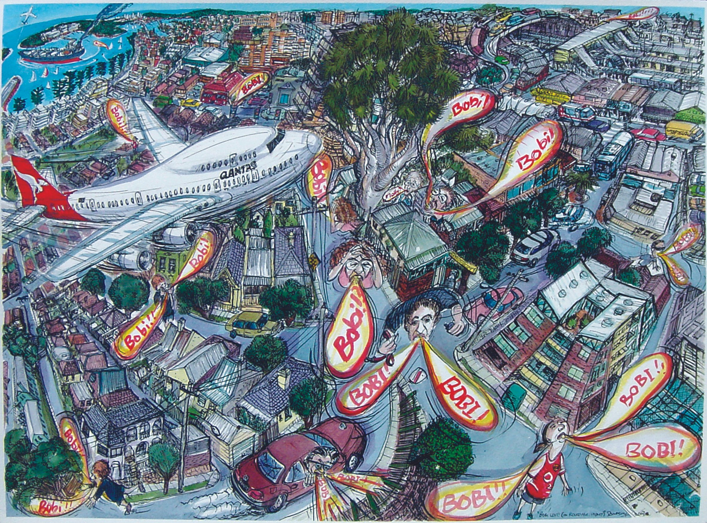 “Bobi Lost in Rockdale”, Mixed media on Arches Watercolour paper, 57 x 76cm, 2007.