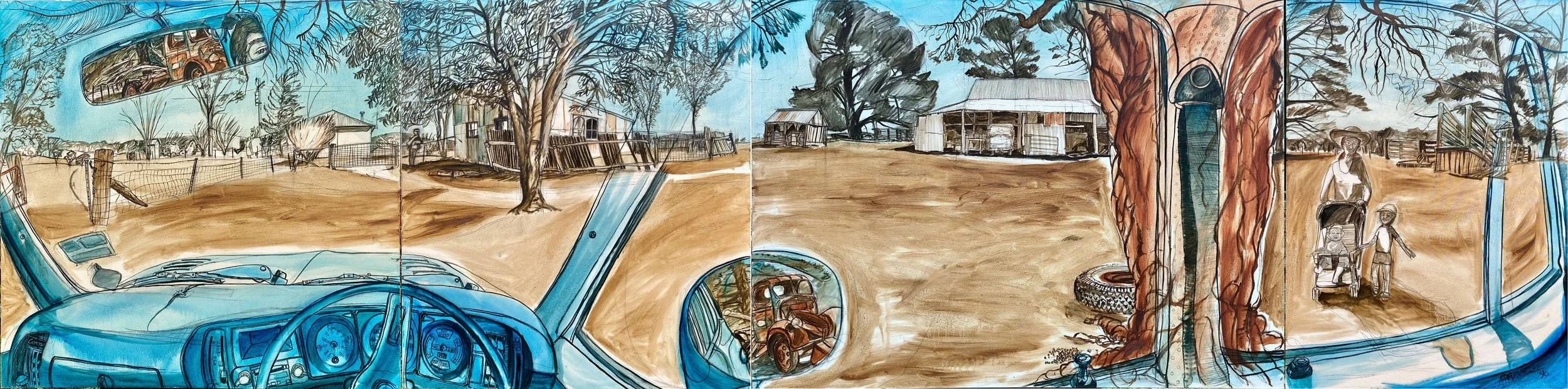 “Visit to the Farm” Oil on Canvas, Polyptych - four panels, 1m x 4m, 1990. Private Collection.