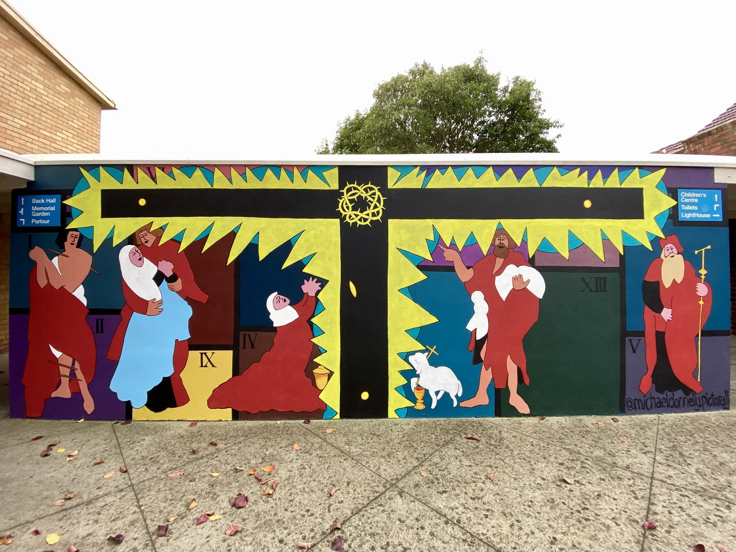 Ashy Mural for Pentecost 2026, 2.5 x 8m, Acrylic Exterior House Paint. With Matthias Grunewald's figures.