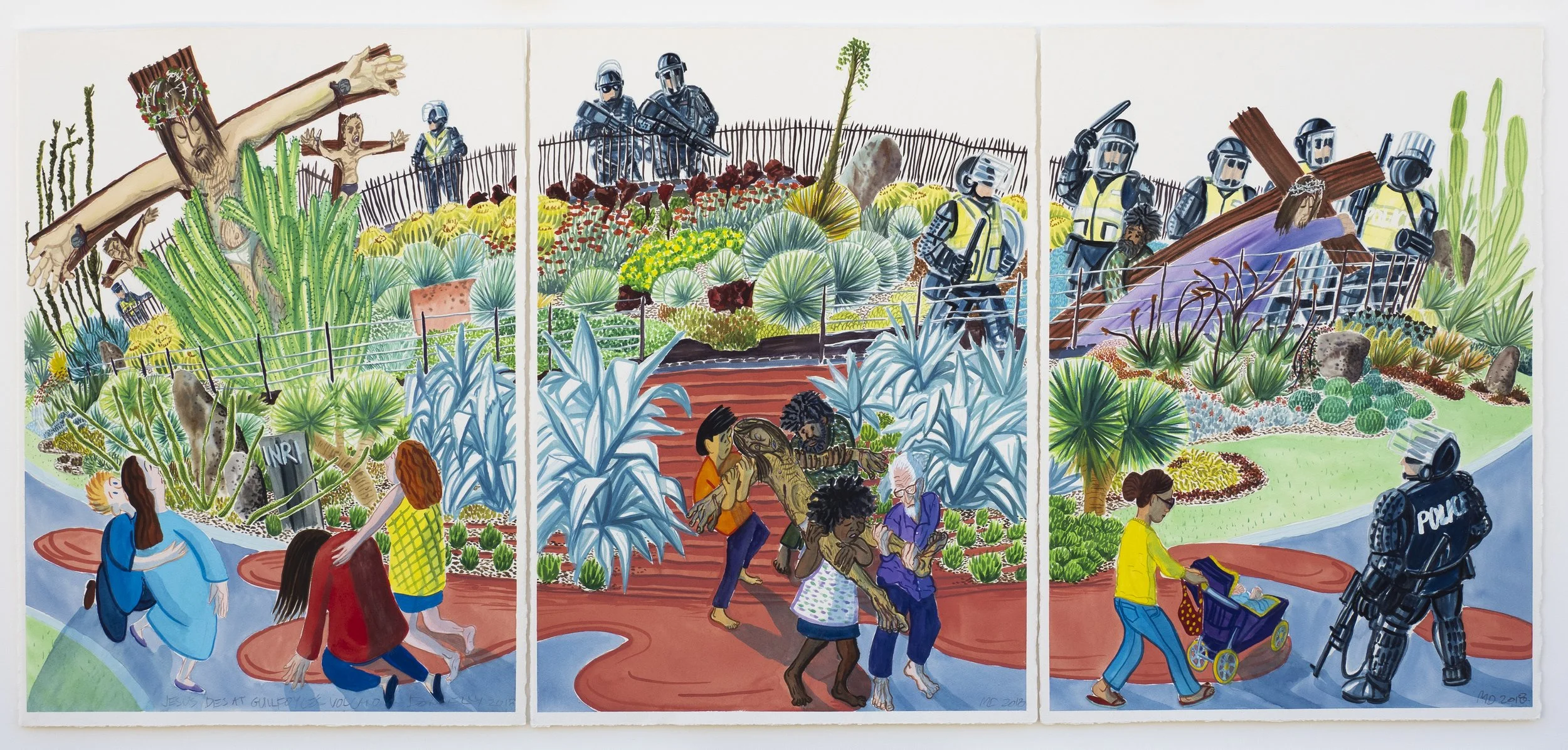 'Jesus Dies at Guilfoyle's Volcano Triptych', 2018, (Three sheets 76 x 56cm) 76 x 168cm, Pencil, Gouache, Watercolour and Watercolour Pencil on 640 gsm Saunders Waterford Watercolour Paper. Framed.