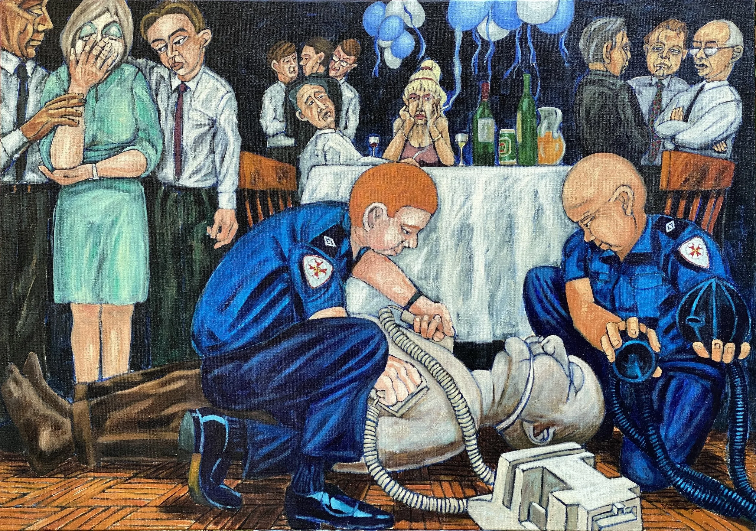 “Farewell Dinner”, Oil on Linen, 97 x 138cm, 1992 Collection of the Artist.